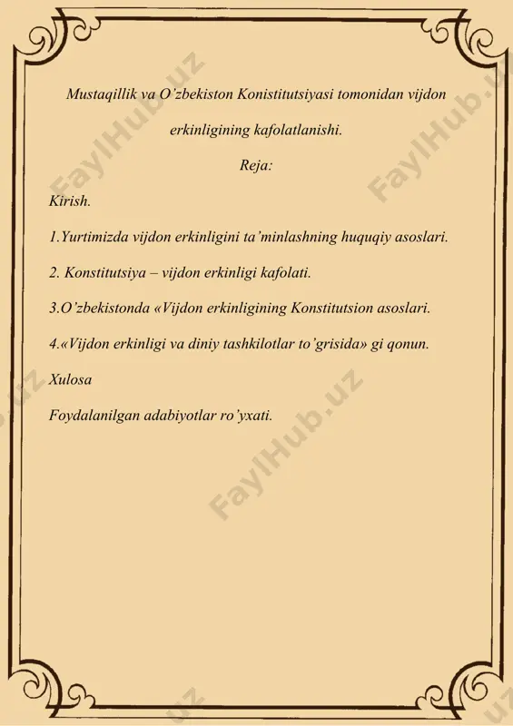 atamalarga huquqiy ta’rif berilgan. yurtimizda vijdon erkinligini ta’minlashning huquqiy asoslari “vijdon erkinligi va diniy tashkilotlar toʻgʻrisida”gi qonunda keltirilishicha, fuqaro dinga, dinga e’tiqod qilishga yoki e’tiqod qilmaslikka, ibodatlarda, diniy rasm-rusumlar va marosimlarda ishtirok etishga yoki ishtirok etmaslikka, diniy ta’lim olishga nisbatan o‘z munosabatini belgilayotganda uni u yoki bu tarzda majburlashga, voyaga yetmaganlarni ularning xohish-irodasiga, ota-onasining yoki qonuniy vakillarining xohish-irodasiga zid tarzda diniy tashkilotlarga jalb etishga yo‘l qo‘yilmaydi. o‘z diniga e’tiqod qilish yoki ishonish erkinligiga nisbatan faqat qonunda nazarda tutilgan cheklovlar tatbiq etilishi mumkin bo’lib, bunda o‘zbekiston respublikasining konstitutsiyaviy tuzumini zo‘rlik bilan o‘zgartirish, uning suvereniteti va hududiy yaxlitligiga putur yetkazish, fuqarolarning konstitutsiyaviy huquq va erkinliklarini kamsitish, urushni, milliy, irqiy, etnik yoki diniy adovatni targ‘ib qilish, fuqarolarning sog‘lig‘i va axloqiga tajovuz qilish, fuqarolar totuvligini buzish, vaziyatni beqarorlashtiruvchi tuhmatdan iborat uydirmalarni tarqatish, aholi o‘rtasida sarosima uyg‘otish hamda shaxs, jamiyat va davlatga qarshi qaratilgan boshqa harakatlar sodir etish maqsadida dindan foydalanishga yo‘l qo‘yilmaydi. o‘zbekiston respublikasida …