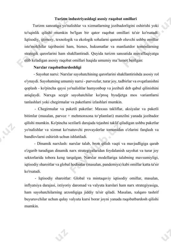 iy media va influencers: ijtimoiy media ning yuksalishi instagram, youtube va tiktok kabi platformalarni marketing yo‘nalishlari va tajribalarida muhim holga keltirdi. sayohat blogerlari, ta'sir o'tkazuvchilar va foydalanuvchilar tomonidan yaratilgan kontent shov-shuvlarni keltirib chiqaradi, ishonchlilikni oshiradi va maqsad jozibadorligini oshiradi. - reklama kampaniyalari: raqamli va an'anaviy marketing kampaniyalari brend xabardorligini oshirishga va sayyohlarni jalb qilishga yordam beradi. belgilangan joyning noyob madaniy, pazandalik yoki tabiiy boyliklariga qaratilgan kampaniyalar raqobatbardosh bozorda ajralib turishda muhim ahamiyatga ega. mahsulotni farqlash - noyob tajribalar: ekoturizm, sarguzasht turizmi va madaniy turizm kabi o‘ziga xos, shaxsiylashtirilgan sayohat tajribalarini taklif qilish – yo‘nalishlarni raqobatchilardan ajratib turadi. ushbu tajribalar haqiqiylik, suvga cho'mish va yangilik izlayotgan sayohatchilarga yoqadi. - ixtisoslashgan bozorlar: hashamatli turizm, sog‘lomlashtirish turizmi yoki sport turizmi kabi joy bozorlari uchun moslashtirilgan takliflar belgilangan joyga sayohatchilarni jalb qilishga yordam beradi. ixtisoslashgan segmentlarga e'tibor qaratish orqali yo'nalishlar kuchli, maqsadli marketing strategiyalarini yaratishi mumkin. - barqarorlik: borgan sari sayohatchilar ekologik toza, barqaror …