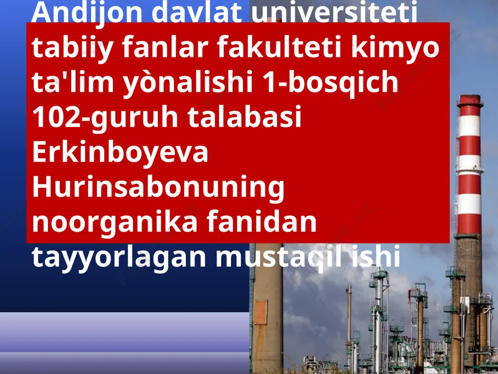 ssiqlik, issiq almashtirgichlarda so2 ni isitish uchun sarflanadi. chang, har xil aralashmalar, shuningdek, suv bug‘idan tozalangan so2 va havo issiq almashtirgichga, u yerdan kontakt apparatiga o‘tadi. kontakt apparatida hosil bo‘lib, issiq almashtirgichda sovigan oltingugurt (vi )-oksidi yuttirish minorasiga o‘tadi. oltingugurt (vi )-oksidni gidratlash, ya’ni sulfat kislota olish: yuttirish minorasida oltingugurt (vi )-oksididan sulfat kislota olinadi. buning uchun so3 n i suv bilan reaksiyaga kiritish kerak. bu sulfat kislotali tuman juda qiyin kondensatlanadi. shuning uchun yuttirish minorasida so3 9 8% li sulfat kislota yordamida yuttiriladi. dastlab konsentrlangan h2so4 tarkibidagi suv so3 ni gidratlaydi: so3 + h2o = h2so4 + q image1.jpeg image3.jpeg image4.jpeg image5.jpeg image6.jpeg image7.jpeg image8.jpeg image9.jpeg image10.png image11.jpeg image12.gif image13.jpeg image14.jpeg image15.jpeg image16.png image17.png image18.png image19.png image20.jpeg image21.jpeg image22.png image23.png image24.png image25.gif image26.jpeg image27.jpeg image28.jpeg image29.gif image30.jpeg image2.jpeg