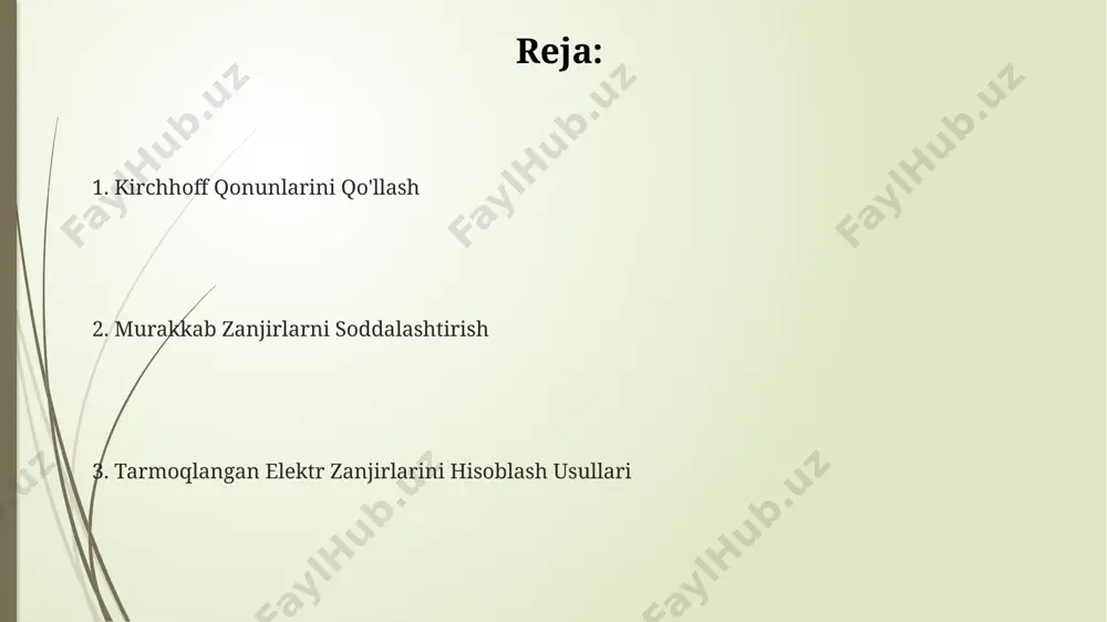 asosiy tenglamani – tok va kuchlanishni hisoblash uchun asos bo'lib xizmat qiladi. nodalar usuli nodalar usuli yordamida 3 ta tugunli elektr zanjirida 12v kuchlanish manbai va 3 ta 4ω qarshiliklardan iborat bo'lgan moskva shahridagi laboratoriya tajribasida toklarni hisoblash mumkin. nodalar usuli, masalan, 5 ta tugun va 7 ta tarmoqdan tashkil topgan murakkab elektr zanjirida, kirchhoffning birinchi qonunini qo'llagan holda, noma'lum kuchlanishlarni aniqlash uchun samarali usul hisoblanadi. toshkentdagi o'quv markazida o'tkazilgan amaliy mashg'ulotlarda 2 ta 10ω va 3 ta 5ω qarshiliklardan iborat elektr zanjiri uchun nodalar usuli yordamida umumiy tokni hisoblash ko'rsatib berildi. superpozitsiya usuli superpozitsiya usuli yordamida 4 ta nodaga ega boʻlgan murakkab elektr zanjirini, masalan, andijondagi bir uyning elektr simini hisoblashda, har bir mustaqil manba uchun oqimlarni alohida topib, soʻngra ularni algebraik qoʻshish orqali amalga oshiriladi. superpozitsiya usuli murakkab tarmoqlangan elektr zanjirlarini 2 dan ortiq manbalar mavjud boʻlganda, masalan, 3 ta kuchlanish manbai va 5 ta rezistorli toshkentdagi bir …