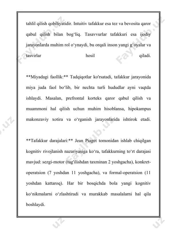 lish mumkin. tadqiqotlarga ko‘ra, tafakkur qilish jarayoni ayniqsa jiddiy fikrlash mashg‘ulotlari bilan shug‘ullanish orqali osonlashadi. masalan, uzluksiz tarzda kitob o‘qish, mashg‘ulotlarga qatnashish va yangi tillarni o‘rganish madaniyat va tafakkur qobiliyatini sezilarli darajada rivojlantiradi. xususan, tadqiqotlar shuni ko‘rsatadiki, ikki yoki undan ortiq tillarni biladigan insonlar miyasida ko‘proq neyron bog‘lanishlari mavjud bo‘lib, bu ularning tafakkur qilish va analitik qobiliyatlarini kuchaytiradi. tafakkurning yana bir jihati — u insonlar orasida ijtimoiy ko‘nikmalarni rivojlantirishda ham muhim rol o‘ynaydi. tadqiqotlar ko‘rsatadi, ijtimoiy aloqalarning kengayishi va murakkab aqliy vazifalarni bajarish natijasida inson miyasi yanada faol va kuchli bo‘lib qoladi. ayniqsa, zamonaviy texnologiyalar davrida tafakkurning ahamiyati yana oshmoqda. shuning uchun, bugungi kunda sun'iy intellekt va raqamlash jarayonlari orqali faqat inson tafakkuri bilan hal qilish mumkin bo‘lgan masalalar ko‘paymoqda. raqamli texnologiyalar sohasidagi keng kutubxonalar tahliliga ko‘ra, yiliga taxminan 2,5 quintillion bayt ma’lumot yaratiladi. bunday miqdordagi axborotni to‘liq tahlil qilish uchun inson tafakkuri hali ham bir necha o‘n yilliklar davomida …