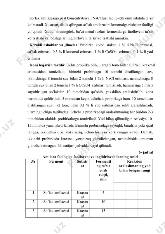 gini to‘xtatadi b.fermentlar sintezi uchun zarur s.katalitik aktiv ishlarni amalga oshirish uchun zarur d.hamma javob noto‘g‘ri 3. temperatura oshirilganda fermentativ reaksiya tezligi qanday o‘zgaradi? a.ma’lum chegaragacha to‘g‘ri proporsional o‘zgaradi b.o‘zgarmaydi s.to‘g‘ri proporsional d.teskari proporsional 4. adsorbsiya yo‘li bilan immobilizatsiya metodi yordamida bioobyektlarni fiksasiya qilishi mumkin bo‘lgan organik tashuvchilarni ko‘rsaning? a.meytran, polietilen, polisterin b.nuklein kislotalar, fermentlar s.oqsillar, yog‘lar, benzol d.karbonatlar, glisirin, ko‘mir 5. etonol olish uchun, achitqi va bakteriyalar hujayralari immobilizatsiyasi uchun organik toshuvchini ko‘rsating? a.ionlari almashadigan smolalar b.selluloza s.polinuriton d.xitin image1.jpg