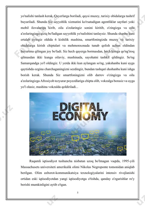 olishi; axborot madaniyati, axborot gigiyenasi pastligi; axborot texnologiyalari xavfsizligi yaxshi emasligi; boshqaruv organlarida sohani tushunadigan mutaxassislarning kamligi yoki(ba'zilarida) ularning umuman yo'qligi; ilm-fan va ayniqsa aniq fanlarning rivojlanishi sustligi(yoki rivojlanishdan to'xtab qolganligi). yuqorida keltirilgan muommolar bosqicha-bosqich, tizimli, dunyo tajribasidan kelib chiqib hal qilinsa, o'zbekiston ham bemalol raqamli iqtisodiyoti rivojlangan mamlakatlarda biri bo'la oladi. respublikamizda raqamli iqtisodiyotda qanday o’zgarishlar ro’y berdi idoraviy axborot tizimlari va axborot resurslarining uzluksiz ishlashini ta’minlash, elektron davlat xizmatlari ko‘rsatish tizimini rivojlantirish qismida – vazirliklar, idoralar va boshqa tashkilotlar tomonidan ta’minlanadi prezidentning «o‘zbekiston respublikasi prezidentining ayrim hujjatlariga o‘zgartirish va qo‘shimchalar kiritish, shuningdek ba’zilarini o‘z kuchini yo‘qotgan deb hisoblash to‘g‘risida (o‘zbekiston respublikasi prezidentining 2020 yil 5 oktyabrdagi «raqamli o‘zbekiston–2030» strategiyasini tasdiqlash va uni samarali amalga oshirish chora-tadbirlari to‘g‘risida»gi pf-6079-son farmoni)»gi 24.07.2021 yildagi pf-6268-son farmoni qabul qilindi. farmon bilan quyidagi hujjatlarga o‘zgartirish va qo‘shimchalar kiritildi: 1) prezidentning 18.05.2019 yildagi pq-4321-son qaroriga. belgilanishicha, «elektron hukumat» va raqamli iqtisodiyot tizimi doirasidagi loyihalarni …
