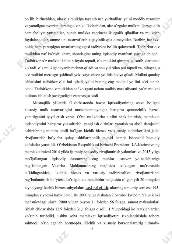 k biznes subyektlari tashkil etildi, ularning umumiy soni esa 195-mingdan ziyodini tashkil etdi. bu 2000 yilga nisbatan 2 barobar ko’pdir. yalpi ichki mahsulotdagi ulushi 2000 yildan buyon 31 foizdan 56 foizga, sanoat mahsulotlari ishlab chiqarishda 12,9 foizdan 31,1 foizga o’sdi”. 1 yuqoridagi ko’rsatkichlardan ko’rinib turibdiki, ushbu soha mamlakat iqtisodiyotini rivojlantirishda tobora salmoqli o’rin egallab bormoqda. kichik va xususiy korxonalarnirig ijtimoiy-iqtisodiy o'sishini jadallashtirish muammolarini hal qi1ish iqtisodiyotni erkinlashtirish sharoitida iqtisodiy boshqaruvni tubdan qayta ko'rish asosida amalga oshiriladi. shunga muvofiq ravishda xoja'lik faoliyati jarayonida yuzaga keladigan muammolarni bartaraf etish bo’yicha ilmiy asoslangan xulosa va tavsiyalarning ahamiyati ortadi. iqtisodiyotdagi tarkibiy islohotlar natijasida tadbirkorlik mehnat unumdorligining o'sishi, mehnat mazmunidagi chuqur o'zgarishlar, qo'l mehnati tarqalgan sohalarning sezilarli kamayishi va inson omiliga yangicha yondashuv masalalari bilan bog'liq bo’lgan mehnatga haq to’lash tizimini tadqiq etish, ayniqsa, muhimdir. modernizasiyalashtirish jarayonini ishlab chiqarishga joriy qilish natijasida ishchi xodimlarning ilmiy va kasbiy tayyorgarligi, ularning mehnat va ijtimoiy faolligiga bo’lgan talablar …