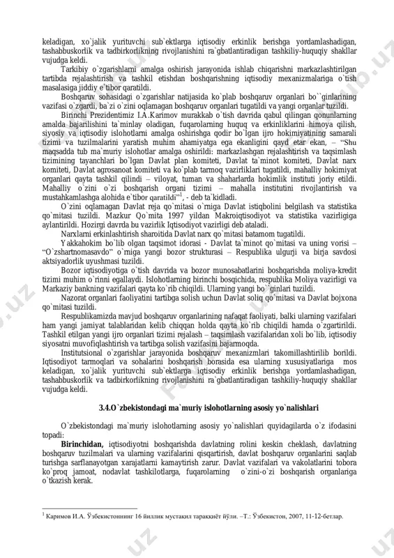 da tutdi: - iqtisodiyotning barcha sohalari va tarmoqlarida erkinlashtirish jarayonini izchillik bilan o`tkazish hamda iqtisodiy islohotlarni chuqurlashtirish; - xususiylashtirish jarayonini yanada chuqurlashtirish va shu asosida mulkdorlar sinfini shakllantirish; - mamlakat iqtisodiyotiga xorij sarmoyasini, avvalo, bevosita yo`naltirilgan sarmoyalarni keng jalb etish uchun qulay huquqiy shart-sharoit, kafolat va iqtisodiy omillarni yanada kuchaytirish; - iqtisodiyotning asosiy tarmoqlarini jadal modernizatsiya qilish va texnik qayta jihozlashni ta`minlash; - yurtimizda transport kommunikatsiya tizimini yanada rivojlantirish; - soliq yukini kamaytirish, faol investitsiya, faol eksport siyosatini yuritish; - aholi turmush darajasini oshirish, avvalo, qishloq joylarda kishilarning turmush sharoitini izchil yaxshilash; - kichik biznes va xususiy tadbirkorlikning iqtisodiy taraqqiyotda ustuvor o`rin egallashiga erishish; - mamlakatning eksport salohiyatini rivojlantirish va mustahkamlash, iqtisodiyotimizning jahon iqtisodiy tizimiga keng ko`lamda integratsiyalashuvini ta`minlash; - iqtisodiyotda mamlakatimiz iqtisodiy mustaqilligini yanada mustahkamlashga qaratilgan tarkibiy o`zgarishlarni izchil davom ettirish. respublikada iqtisodiy islohotlarni amalga oshirishning asosiy yo`nalishlari quyidagilardan iborat: - mulkiy munosabatlarni isloh qilish; - agrar islohotlar; - …