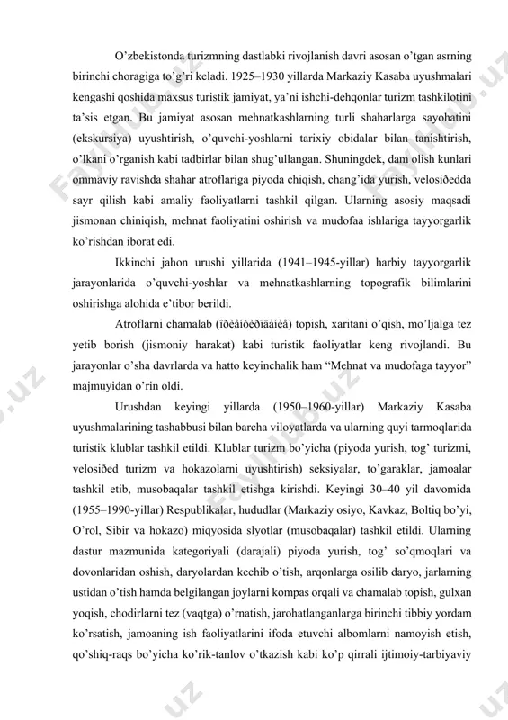 il davomida (1955–1990-yillar) respublikalar, hududlar (markaziy osiyo, kavkaz, boltiq bo’yi, o’rol, sibir va hokazo) miqyosida slyotlar (musobaqalar) tashkil etildi. ularning dastur mazmunida kategoriyali (darajali) piyoda yurish, tog’ so’qmoqlari va dovonlaridan oshish, daryolardan kechib o’tish, arqonlarga osilib daryo, jarlarning ustidan o’tish hamda belgilangan joylarni kompas orqali va chamalab topish, gulxan yoqish, chodirlarni tez (vaqtga) o’rnatish, jarohatlanganlarga birinchi tibbiy yordam ko’rsatish, jamoaning ish faoliyatlarini ifoda etuvchi albomlarni namoyish etish, qo’shiq-raqs bo’yicha ko’rik-tanlov o’tkazish kabi ko’p qirrali ijtimoiy-tarbiyaviy jihatlar o’rin egallagan edi. bunday nufuzli turistik tadbirlar boshlang’ich jamoalarda (ta’lim muassasalari, ishlab chiqarish korxonalari va hokazoga) ham u yoki bu darajada o’tkazilishi odatga aylandi. ommaviy piyoda yurish, shahar va tarixiy yodgorliklarni tomosha qilish sayr-sayohatlari asosan quyi jamoalarda yaxshi yo’lga qo’yildi. markaziy shaharlar, viloyatlarda tashkil qilingan seksiyalardagi terma jamoalar tog’ turizmi, velosiðed turizmi kabilar bilan shug’ullanib, ularda chamalab topish (îðèåíòèðîâàíèå) bo’yicha maxsus mashg’ulotlar tashkil qilindi. shu asosda yuqorida zikr etilgan turlar maxsus sportga aylandi. ularning …