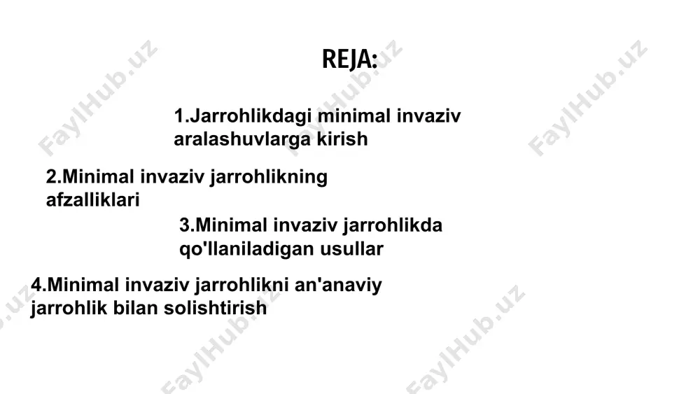 orasida laparoskopiya, robotli jarrohlik va endoskopiya mavjud bo'lib, ular jarrohlarga kichik kesmalar yoki tabiiy tana teshiklari orqali jarrohlik maydoniga kirishga imkon beradi. ushbu yondashuvlar atrofdagi to'qimalarning shikastlanishini kamaytirishga, chandiqlarni kamaytirishga va asoratlar xavfini kamaytirishga olib keladi, bu ko'plab operatsiyalar uchun minimal invaziv aralashuvlarni afzal ko'radi. salavha jarrohlikdagi minimal invaziv aralashuvlar an'anaviy jarrohlikdan ko'p afzalliklarga ega, jumladan, kichikroq kesmalar, qon yo'qotilishini kamaytirish va tezroq tiklanish vaqtlari. 1 minimal invaziv jarrohlikni an'anaviy jarrohlik bilan solishtirish shuni ko'rsatadiki, minimal invaziv muolajalar ko'pincha kamroq og'riq, kamroq asoratlar va bemorlarning kasalxonada qolish muddatini qisqartiradi. 3 umuman olganda, minimal invaziv aralashuvlarning afzalliklari ularni ko'plab jarrohlik muolajalar uchun afzal tanlovga aylantiradi, tadqiqotlar yaxshilangan natijalar va bemorning qoniqishini doimiy ravishda namoyish etadi. 2 minimal invaziv aralashuvlarning muvaffaqiyat darajasi a jarrohlikdagi minimal invaziv aralashuvlar an'anaviy muolajalarga qaraganda kamroq xavf, qisqaroq tiklanish vaqtlari va kichikroq kesiklarni taklif qilish orqali sohada inqilob qildi. b texnologiyaning rivojlanishi bilan minimal invaziv aralashuvlarning muvaffaqiyat …