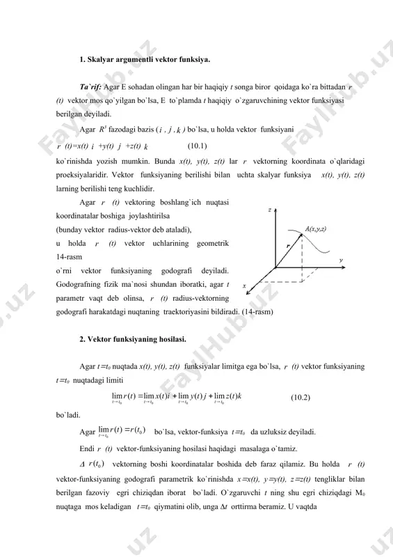 a (a;b) intervalning har bir x nuqtasida chekli hosilaga ega. bu shart, xususan c nuqta uchun ham o`rinli. demak, ferma teoremasi shartlari bajariladi. bundan f`(c)=0 ekanligi kelib chiqadi. f(c)=m bo`lgan holda teorema yuqoridagi kabi isbotlanadi. roll teoremasiga quyidagicha geometrik talqin berish mumkin (20-rasm). agar [a,b] kesmada uzluksiz, (a,b) intervalda differensiallanuvchi f(x) funksiya kesma uchlarida teng qiymatlar qabul qilsa, u holda f(x) funksiya grafigida abssissasi x=c bo`lgan shunday c nuqta topiladiki, shu nuqtada funksiya grafigiga o`tkazilgan urinma abssissalar o`qiga parallel bo`ladi. eslatma. roll teoremasining shartlari yetarli bo`lib, zaruriy shart emas. masalan, 20-rasm 1) f(x)=x3, x([-1:1] funksiya uchun teoremaning 3-sharti bajarilmaydi. (f(-1)=-1(1=f(1)), lekin f`(0)=0 bo`ladi. 2) funksiya uchun roll teoremasining barcha shartlari bajarilmaydi, lekin (-1;0) ning ixtiyoriy nuqtasida f`(x)=0 bo`ladi. 3. lagranj teoremasi, koshi teoremasi teorema (lagranj teoremasi). agar f(x) funksiya [a,b] kesmada uzluksiz va (a,b) da chekli f`(x) hosila mavjud bo`lsa, u holda (a,b) da kamida bitta shunday c nuqta mavjud …