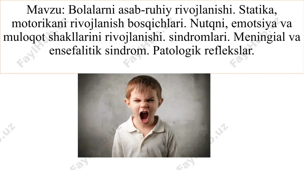 anlik sindromi bosh miyaning perinatal jarohatlanishida, tug`ma irsiy kasalliklarida (daun, fenilketonuriya va boshq.), moddalar almashinuvining buzilishi (gipoglikemiya, metabolik atsi­doz va boshq.) hamda ko`pgina somatik kasalliklarda kuzatilishi mumkin. giperqo`zg`aluvchanlik sindromi harakat bezovtaligi, emotsional stabillik, uyquning buzilishi, tug`ma reflekslarning kuchayishi, talvasaga moyillik kabi belgilar bilan namoyon bo`ladi. giperqo`zg`aluvchanlik sindromi matning perinatal jarohatlarida, irsiy fermentopatiyalarda, metabolik buzilishlar oqibatida ham kelib chiqishi mumkin. bosh miya ichi gipertenziyasi kalla ichi bosimining oshishi bilan namoyon bo`lib, bosh miya qorinchalarining kengayishi va subaraxnoidal qon quyilish bilan birga kechadi. bosh miya o`lchamlari kattalashadi, kalla choklari kengayadi, liqildoq kattalashib bo`rtib chiqadi, miya va yuz qismining disproporsiyasi (gipertenzion-gidrotsefal sindrom) kuzatiladi. bunday bolalarning qichqirig`i baland, og`riqli, miyaning zararlanishi belgilari bilan namoyon bo`ladi. kattaroq yoshdagi bolalar bosh og`rig`iga shikoyat bildiradilar. ko`pincha nevrozlarda, ko`z, quloq kasalliklarida, toksik-infeksion holatlarda kuzatiladi. vi juft bosh miya nervlarining zararlanishi, “botayotgan quyosh” simptomi, spastik pay reflekslari bosh miya gipertenziyasining kechki simptomlari hisoblanadi. kalla suyagini perkussiya qilganda “darz ketgan …