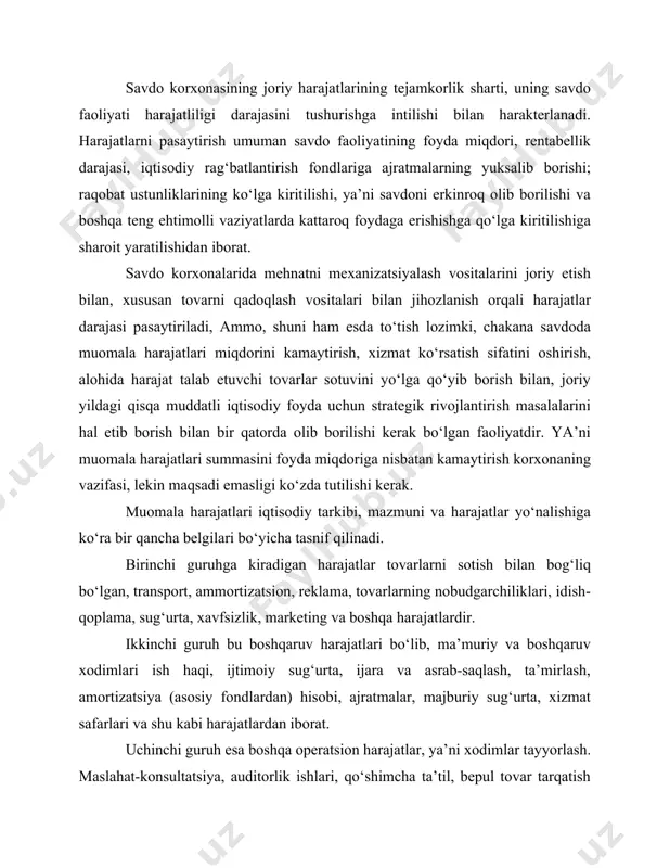qoplash va boshqa harajatlardir. 3. muomala xarajatlarini minimallashtirish. muomala harajatlarini kamaytirishda mehnat upumdorligini oshirish, mehnat va moliyaviy rssurslardan foydalanishda iqtisodiy tsjamkorlikka rioya qilish hamda hisob va iqtisodiy tahlilning to‘g‘ri yo‘lga qo‘yilishi muhim ahamiyatga ega. shuning uchun savdo korxonasida muomala harajatlarini boshqarishning asosiy maqsadi bo‘lib, ko‘zda tutilgan tovar aylanishi va foyda hajmipi ta’minlaydigan darajada ular summasi va darajasini maqbullashtirish hisoblanadi. savdo korxonasi muomala harajatlarini samarali boshqarish uchun ularning klassifikatsiyasi ishlab chiqilgan bo‘lib, bu klassifikatsiya muomala harajatlarini hisoblash, tahlil qilish, rejalashtirish va nazorat qilish jarayonida ishlatiladi va quyidagi asosiy belgilar bo‘yicha olib boriladi. muomala harajatlarini kamaytirishda iqtisodiy tejamkorlik, hisob va iqtisodiy tahlilning to‘g‘ri yo‘lga qo‘yilishi muhim ahamiyatga ega. tahlilning vazifalari joriy davr rejalarini tekshirish va baholash, tejalgan va ortiqcha sarflangan mablag‘lar summasini hisoblash, harajatlarning bir necha yillar mobaynidagi o‘zgarish dinamikasini belgilash, rejadan farq qilish sabablarini o‘rganish, muomala harajatlariga ta’sir ko‘rsatuvchi barcha omillarni aiiklash, muomala harajatlarini kamaytirish uchun imkoniyatlarni topish, kelgusi davr rejasini …