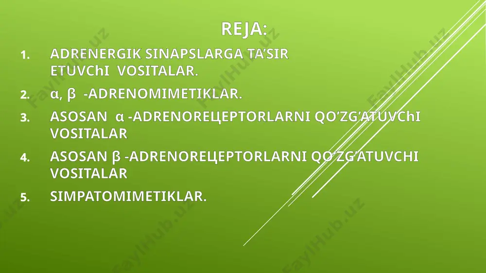 k traktidagi sfinkterlarning qisqarishi; qorataloq trabekulalari (mushaklarining qisqarishi(qorataloq kichrayadi); bachadon mushaklarining (miometriy) qisqarishi; β -adrenoresteptorlarini qo’zg’atilganda yuzaga keladigan o’zgarishlar: ko’ngdalang targ’il mushaklar, jigar, o’pka, bosh miya, miokard qon tomirlarining, silliq mushaklari bo’shashadi, tomir kengayadi (β2); bronxlarning silliq mushaklari bo’shashadi (β2); mimetriy tonusi susayadi (β2); glyukogenoliz (glikogenning parchalanishi) tezlashadi; lipoliz kuchayadi (β2); yurak qisqarishining soni va kuchi ortadi (β1); me’da-ichak trakti a’zolarining ҳarakati va tonusi susayadi (β1); α, β -adrenomimetiklar adrenalin-buyrak usti bezining miya qismidagi xromaffin xujayralarida ҳosil bo’ladigan gormon. sintetik yo’l bilan ҳam olingan. so’yilgan qora mollarning buyrak usti bezidan ajratib olinadi. adrenalin α va β-adrenoresteptorlarni bevosita qo'zg'atadi. fiziologik konstentrastiyalarida faqqt β-adrenoresteptorlarni qo'zg'atadi, katta konstentrastiyalarda α adrenoresteptorlarni ҳam qo'zg'atadi. buning natijasida yurak qisqarishlarining soni va kuchi ortadi (yurakning minutlik va sistolik ҳajmi ortadi), qon bosimi ko’tariladi, ko’z qorachigi kengayadi, lekin ko’zning ichki bosimi oshmaydi, chunki tomirlar torayadi va suyuqlik ishlab chiqish pasayadi. bronxlarning silliq muskullari bo’shashadi. agar bronxospazm bo’lsa yo`qo­ladi, …