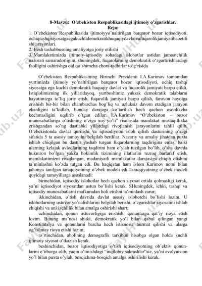 o’zbekiston respublikasidagi ijtimoiy o’zgarishlar — DOC