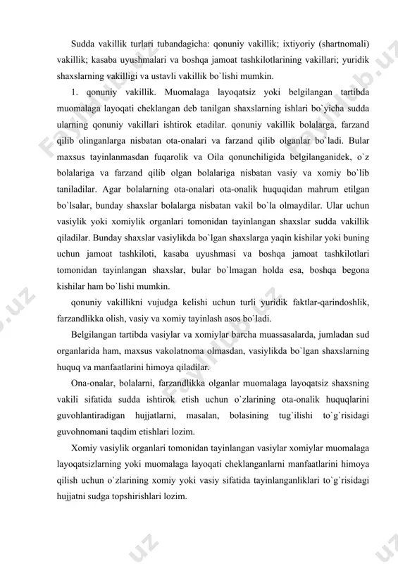 a daraksiz yo`qolgan deb topilgan fuqaro ishtirok etishi lozim bo`lgan ish bo`yicha, uning vakili sifatida uning mulklarini qo`riqlash va boshqarish hamda shaxsiy huquqlarini va manfaatlarini himoya qilish uchun tayinlangan shaxs qatnashadi. qonuniy vakil fpkning 51-moddasida ko`rsatilgan ishlar bo`yicha sudda ish olib borishni vakil sifatida o`zi saylangan boshqa shaxsga (o`rinbosarga) topshirishga haqli. 2. shartnomali bo`yicha (ixtiyoriy) vakillik. taraflar tomonidan ixtiyoriy ravishda saylanib, belgilanadigan vakillik sud amaliyotida ko`p uchraydi. ixtiyoriy vakillik taraflarning va vakillik qiluvchining erklari bo`yicha belgilanib, ko`pincha topshiriq yoki mehnat shartnomasi bilan rasmiylashtiriladi. vafot etgan yoki o`lgan deb e`lon qilingan shaxsning vorisi qatnashishi lozim bo`lgan ish bo`yicha, agar meros mulki hech kim tomonidan qabul qilib olinmagan bo`lsa, vorisning vakili sifatida meros mulkini saqlash va boshqarish uchun tayinlangan vasiy qatnashadi. shartnoma bo`yicha (ixtiyoriy) vakillikka binoan ishonch bildiruvchi o`z huquqlari va qonun bilan qo`riqlanadigan manfaatlarini himoya qilish bo`yicha sudda ish yuritishni boshqa shaxsga-vakilga topshiradi. quyidagilar shartnoma bo`yicha (ixtiyoriy) vakil bo`la oladilar: 1) …