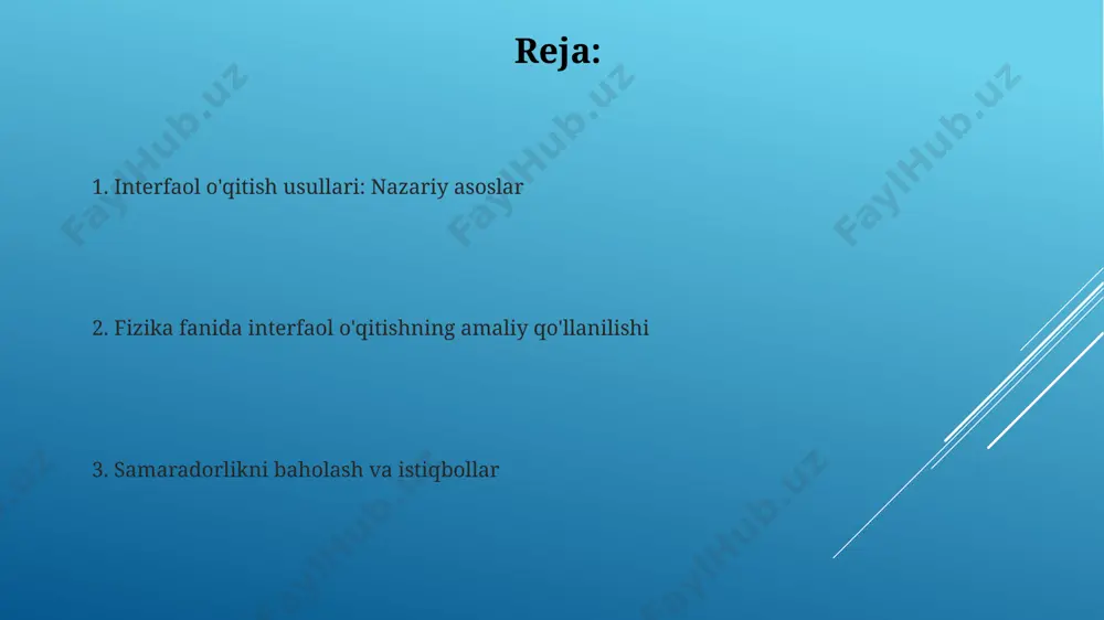 ivojlantiradi, guruhdagi hamkorlikni 15% ga kuchaytiradi va muammolarni hal qilish qobiliyatini oshiradi. loyihaviy ishlar loyihaviy ishlarning samaradorligini oshirish uchun o'qituvchi 2-3 ta qo'shimcha resurslarni (video, maqolalar) taqdim etib, talabalarning mustaqil izlanishlarini rag'batlantiradi va 80% dan ortiq ishtirokni ta'minlaydi. o'quvchilarning loyihaviy ishlardagi faol ishtiroki ularning nazariy bilimlarini 30% ga mustahkamlaydi va amaliy ko'nikmalarini 50% ga oshiradi, bu esa yakuniy baholashda yuqori natijalarga olib keladi. hamkorlikdagi o'rganish hamkorlikdagi o'rganishda 2-4 talik guruhlarda ishlash, talabalarning muammolarni birgalikda hal qilish va turli fikrlarni muhokama qilish ko'nikmalarini rivojlantiradi, bu esa fikrlash jarayonini yaxshilaydi. hamkorlikdagi o'rganish, o'quvchilar o'rtasida 5 dan ortiq turdagi o'zaro ta’sirlarni (masalan, maslahat berish, tushuntirish, bahslashish) o'rnatishga imkon beradi, bu esa chuqurroq tushunish va ijtimoiy ko'nikmalarni rivojlantirishga yordam beradi. e'tiboringiz uchun rahmat @taqdimot_robot image1.jpg image2.jpg image3.jpg image4.jpg image5.jpg image6.jpg image7.jpg