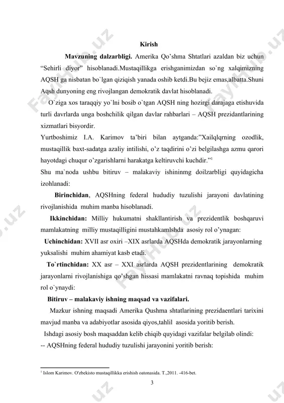 . i.x.ivanyan, b.m.shpotov, x.sinkotta, x.tursunovlarning ilmiy ishlarini ikkinchi guruh adabiyotlariga kiritish mumkin bitiruv malakaviy ishning ilmiy yangiligi va amaliy ahamiyati. ushbu malakaviy ishning ilmiy yangiligi avvalo shundan iborati mavzu ilk bor bitiruv-malakaviy ish sifatida ilmiy adabiyotlar bilan qiyosiy tahlil qilish asosida izchil taqdid etildi. biz ilmiy iste’molga olib erishilayotgan materiallar va turli tarixiy manba va adabiyotlarga tayangan holda o’z fikr mulohazalarimizni bildirishga harakat qildik. · aqshning federal hududiy tuzulishi va uning tarixiy ahamiyatini ochib beri ldi. · milliy hukumatni shakllantirish va prezidentlik boshqaruvinig o`ziuga xos hususiyatlari yoritib beradi. - xvii asr oxiri –xix asrlarda aqshda demokratik jarayonlarining yuksalishi · tizimlashtirilib tahhlil qilindi. - xx asr – xxi asrlarda aqsh prezidentlarining demokratik jarayonlarni rivojlanishiga qo’shgan hissasii mavjud adabiyotlar asosida ilmiy tahlil qilindi. ushbu ishda aqsh prezidenltlari tarixini tadqiq etishda ilmiy bilishning holislik haqqoniylik tamoillariga amal qilindi. turli manba va ma’lumotlarni tahlil qilishda ularga qiyosiy va tanqidiy nuqtai nazardan yondashadi. davr xususiyatlarni …