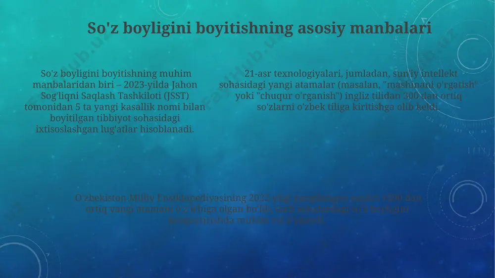 sh zarurligini ko'rsatadi. yangi paydo bo'lgan so'zlarning 20-30%i texnologiya sohasi (masalan, "kriptovalyuta", "metavers") bilan bog'liq bo'lib, ularning lug'atdagi tez yoyilishi 21-asrning globalizatsiyasi va internetning rivojlanishi bilan bog'liq. o'zbek tilida 2023-yilda 500 dan ortiq yangi so'z paydo bo'lgan bo'lib, ularning 15%i ingliz tilidan olingan so'zlarning o'zbekcha transkripsiyasi yoki tarjimalari hisoblanadi. bu esa lug'atlarning muntazam yangilanishini talab qiladi. e'tiboringiz uchun rahmat @taqdimot_robot image3.png
