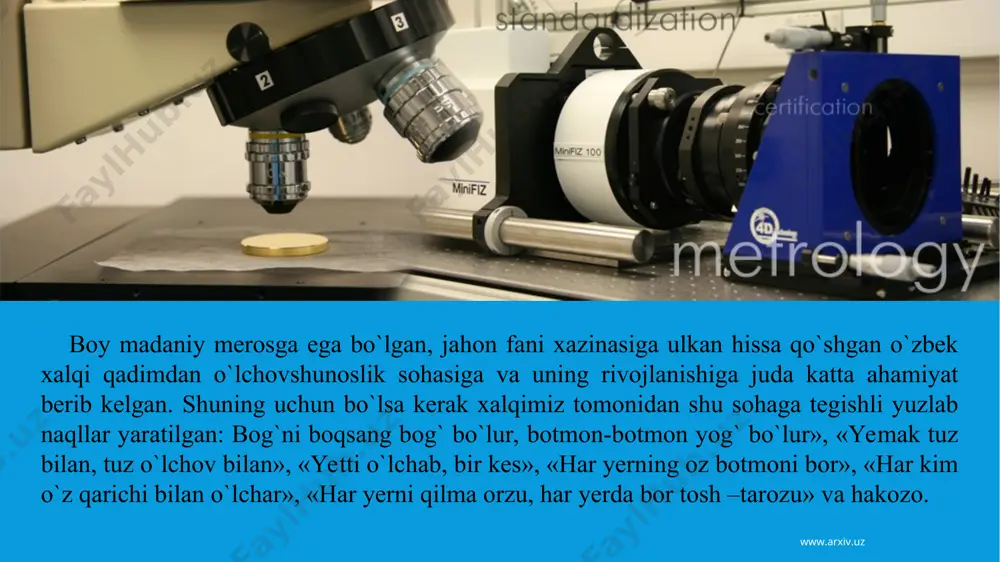 `lchovlarni to`g`ri qo`llanishi ustidan qat`iy nazorat olib borishgan. tarixiy manbalarda tarozidan yoki gazdan xaridor haqiga xiyonat qilganlar qattiq jazolanganligi yozib qoldirilgan. ... ibn sino, abu rayhon beruniy, mirzo ulug`beklar mahalliy o`lchov birliklaridan foydalanib, nomlari abadiyatga muxrlanganligi sir emas. samarqandu buxoroning, shaxrisabzu xivaning salobatli inson aqlini lol qoldiruvchi minoralari o`sha o`lchov birliklari asosida qurilgan edi. www.arxiv.uz www.arxiv.uz adabiyotlar ro`yxati: 1. karimov i.a.yukcak ma`naviyat-engilmas kuch.t.,2008. 2. karimov i.a.o`zbekistonning o`z istiqlol va taraqqiyot yo`li. t., 1992. 3. karimov i.a.tarixiy xotirasiz kelajak yo`q. t., 1998. 4. karimov i.a.jahon moliyaviy-iqtisodiy inqirozi, o`zbekiston sharoitida uni bartaraf etishning yo`llari va choralari. t., 2009. va fuqarolik jamiyatini rivojlantirish konsepsiyasi.t.,2010 . t.choriyev. a.do`stov. xronologiya.t- "yangi asr avlodi" -2003. 9. mustaqil o`zbekiston tarixi 3 kitob. t- " sharq" – 2000. l 0. sharqshunoslik. 2- son.t- 1991. l l .azimboy sa `dullayev. xorazm ma `min akademiyasi.xiva-2000 12. al - xorazmiy muzeyi. urganch. 2001. 13. viuik siymolar, allomar. 2- kitob.t- 1996 . …