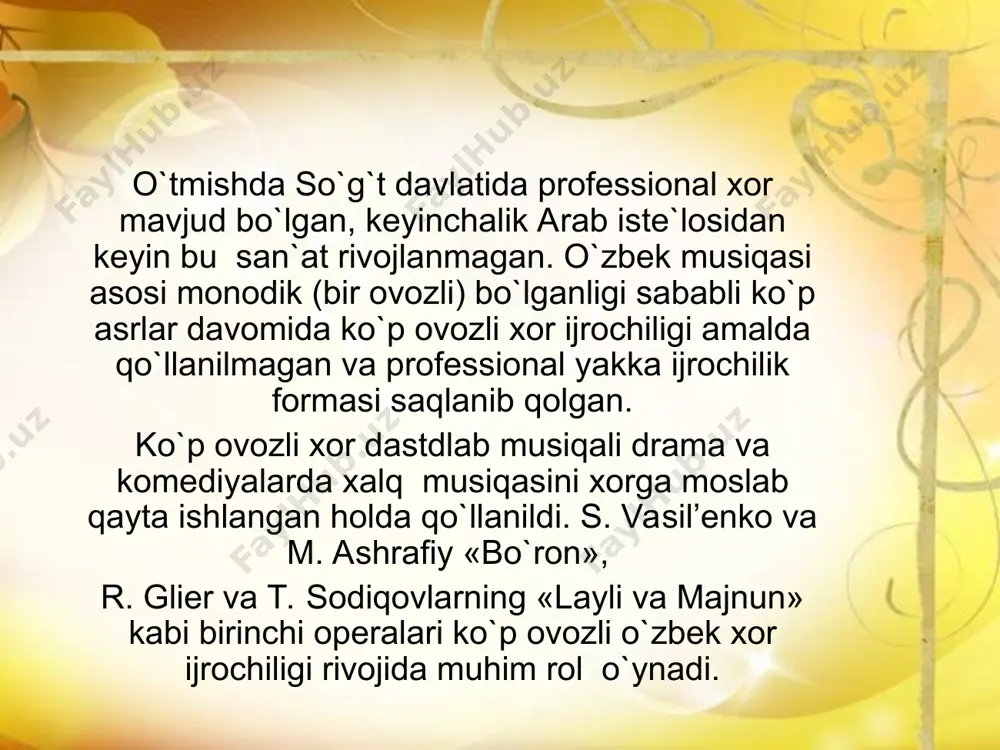 adiiy olimpiadasi o`tkazildi. bu olimpiadada 1000 kishilik xor qatnashdi. 1937 yilda moskva o`zbekiston dekadasida xor jamoalari qatnashdi. havaskorlik xor san`atining rivojlanishi 1936 yil o`zbekiston radiosi qoshida o`zbek xori tuzildi va yangi tuzilgan o`zbekiston davlvt filarmoniyasi qoshida xor kapellasi tashkil qilindi 1937 yilda xor jamoasi bastakorlar m. ashrafiy va t. sodiqovlarning to`rt ovozli qo`shiqlarlarini tayyorlab bordi. 1934-37 yillarda moskva konservatoriyasida ko`pgina bastakorlar: zokirov, abduraxmonov, davidov, ashrafiy, nasimov, xoshimov, qori yoqubov, burxonov, yudakovlar taxsil oldi. yosh o`zbek bastkorlari rus bastakorlari bilan ijodiy hamkorlikda o`zbek milly operasini yaratishdi. bu s. vasil’enko va m. ashrafiy «bo`ron» operasidir. 1939-40 «ulug` kanal», r. glier va t. sodiqovlarning «layli va majnun» operasi. urush yillarida kozlovskiyning «ulug`bek», chishkoning «maxmud tarobiy» operalari yozilgan. 1952 yilda o`zbekiston davlat filarmoniyasi qoshida birinchi professional xor kapellasi tashkil qilindi-raxbar valenkov edi. m. burxonov kapella uchun birinchi jo`rsiz xor qo`shiqlari yaratdi. respublika a kapella janri vujudga keldi. o`zbekistonda xor san`atining o`sishi 1960 yilda tashkil …