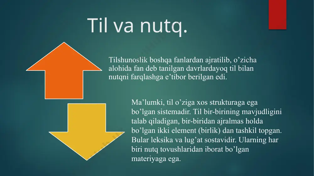 vaqtning o’zida insonga ham bog’liq, ham bog’liq emas. bir tomondan inson tilni an’anaga ko’ra qabul qilsa, o’zlashtirsa - obyektiv ravishda, ikkinchi tomondan, uning o’zi doimo tilni yaratadi, yangidan «quradi», barpo qiladi. har gal individ nutqida til birliklari, vositalari, til «xom ashyosi» harakatga kyeladi, jonlanadi – subyektiv ravishda. fikrni obyektivlashtirish va fikrni rag’batlantirish antinomiyasi. v.gumboldt asarlarida tilning so’z va grammatik qoidalardan iboratligini, til birligi bo’lgan so’zning esa tushunchani ifodalaydigan byelgi, ramz ekanligini to’g’ri qayd etadi. u har bir xalqning tilida o’sha xalqning tarixi, madaniyati va, umuman, uning butun ruhiy dunyosi namoyon bo’lishini ta’kidlaydi. v.gumboldt lisoniy ta’limotining eng muhim nuqtalaridan biri til shakli (formasi) haqidagi ta’limot yoki, boshqacha aytganda, tilning ichki tuzilishi haqidagi nazariyadir. image11.jpeg image12.png image13.png image14.png image2.png image3.png image4.png image5.png /docprops/thumbnail.jpeg