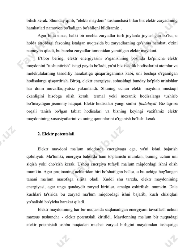 ining abscissalariga bog'liqligini ko'ramiz. olingan formulani quyidagicha yozamiz: a = qex 2 - qex 1 = - ((- qex 2 ) - (- qex 1 ))= - ( w 2 - w 1 )= -∆ w (1) bu yerda w 1 =- qex 1, w 2 =- qex 2 . maydonning ishi, formula (1) ga muvofiq, miqdorning minus belgisi bilan o'zgarishiga teng bo'ladi. w = - qex (2) bu qiymat bir xil elektrostatik maydondagi zaryadning potentsial energiyasidir. potensial energiya qidirilayotgan nuqtaning abtsissasi x bilan belgilanadi. bu holda potentsial energiyaning nol darajasi x = 0 koordinatalarining kelib chiqishiga to'g'ri keladi va raqamlarda keskinlik chiziqlariga perpendikulyar nuqtali chiziq bilan tasvirlangan. eslatib o'tamiz, hozircha q > 0 deb hisoblanadi. (2) formuladan zaryad kuch chizig'i bo'ylab harakat qilganda, x ning ortishi bilan potentsial energiya kamayadi, degan xulosa kelib chiqadi. bu tabiiy: axir, maydon zaryadni tezlashtiradigan ijobiy ish qiladi va zaryadning kinetik energiyasi uning potentsial …