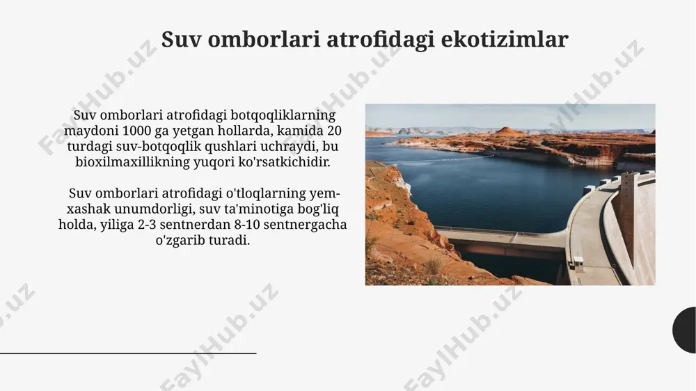 uv omborlarining iqtisodiy ahamiyati suv omborlari atrofida turizm va rekreatsiya infratuzilmasi rivojlanishi tufayli yillik daromad 50-100 million aqsh dollariga yetishi mumkin, bu mahalliy aholi uchun yangi ish o'rinlari yaratadi. katta suv omborlari irrigatsiya tizimlarini suv bilan ta'minlash orqali 2-3 million gektardan ortiq qishloq xo'jalik yerlarining hosildorligini oshirishga hissa qo'shadi, bu esa oziq-ovqat xavfsizligini ta'minlashda muhim rol o'ynaydi. suv omborlaridan suv taʼminoti markaziy osiyodagi yirik suv omborlari, ayniqsa, fargʻona vodiysidagi suv omborlari viloyatning 30% dan ortiq aholisini ichimlik va sugʻorish suvi bilan taʼminlaydi. suv omborlaridan suv olish jarayoni zamonaviy gidrotexnika inshootlari va nazorat tizimlari yordamida amalga oshirilib, suv taqsimotining samaradorligini 85% gacha oshirishga yordam beradi. baliqchilik va suv omborlari baliqchilik va suv omborlarida 200 dan ortiq baliq turlari yetishtiriladi, bu esa mintaqaning oziq-ovqat xavfsizligiga sezilarli hissa qo'shadi va yillik 50 ming tonnadan ortiq hosil olish imkonini beradi. markaziy osiyodagi yirik suv omborlarida baliqchilik sanoati taxminan 100 000 dan ortiq odamni ish …