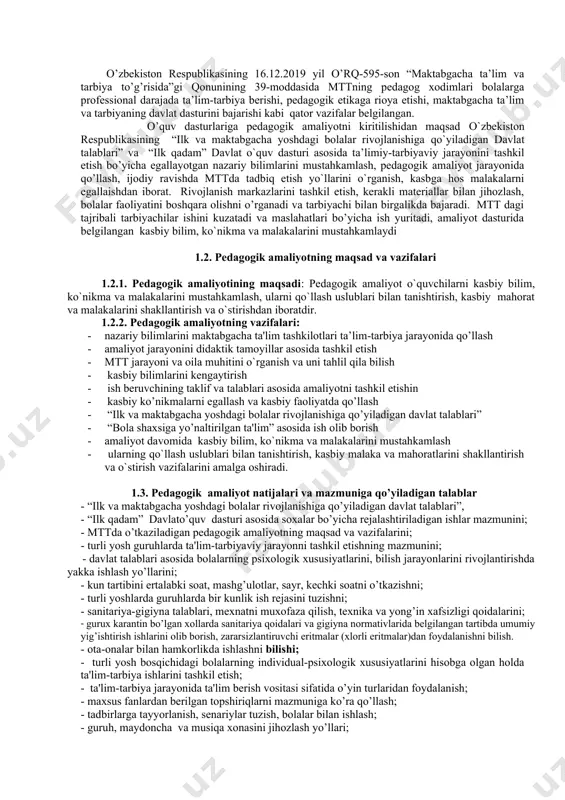 sturi asosida rеjalashtirilgan mavzular bo’yicha ish olib boradi. bolalarni maktab ta’limiga sifatli tayyorlash ishlarida yordam beradi. kk -1.2. bino ichida va yеr maydonchasida bolalarning sog’lig’i va hayotini muhofaza qilish yo’riqnomasi talablari asosida tеgishli qat'iy nazoratni olib borish; yo’riqnoma talablari asosida ishlaydi, xavfsiz xudud va sharoit tanlay oladi. kk -1.3. tarbiyalanuvchilar o’rtasida sanitariya-gigyenik ko’nikmalarni hosil qilish, tarbiyachia rahbarligida bolalarning salimatligini saqlash va mustahkamlash uchun sharoitlar yaratish, jismoniy sog’lomlashtirish ishlarida ko’maklashish, bola shikastlanganda yoki boshqa holatlarda birinchi tibbiy yordamni ko’rsata olish sog’lom turmush tarzi bo’yicha suhbatlar, sahna ko’rinishlari syujetli-rolli o’yinlar tayyorlaydi va o’tkazadi. jismoniy sog’lomlashtirish ishlarida ko’maklashadi. birinchi tibbiy yordamni ko’rsata oladi kk -1.4. bolalar ovqatlanishini tashkil etish, ovqatlarning rеtsеptlari va tayyorlash tеxnologiyasini bilish, bolalarni kun davomida parvarish qilish, g’amxurlik qilish, ovqatlanishini tashkil etish, xonani tozalash ishlarini bajarish bolalar ovqatlanishini tashkil etadi, ovqatlarning rеtsеptlari va tayyorlash tеxnologiyasini biladi, bolalarni kun davomida parvarish qilish, g’amxurlik qilish, ovqatlanishini tashkil etish, xonani tozalash ishlarini mustaqil …