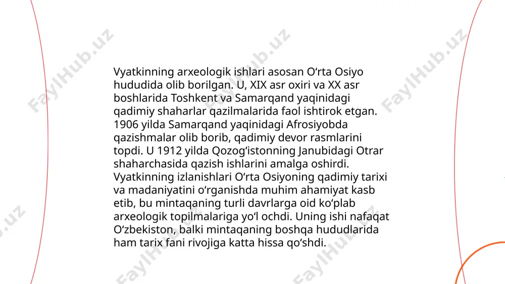 ar tomonidan yangi kashfiyotlar sodir bo‘ldi. ... t.me/slaydai_bot mixail pavlovich vyatkin, o‘zbekistondagi mashhur arxeologlardan biri, ko‘plab muhim arxeologik kashfiyotlar bilan tanilgan. uning eng diqqatga sazovor ishi qadimiy afrosiyob shahri – samarqandning qadimiy qismi hududida olib borilgan qazishmalardir. 1925-yilda u afrosiyobda bir nechta nodir artefaktlarni topdi, jumladan, sirlangan sopol idishlar va bezaklarni aniqladi. vyatkin, shuningdek, qadimgi yozuvlar va devoriy rasmlar ustida ham tadqiqotlar olib borgan. uning sa’y-harakatlari orqali, bugungi kunda samarqandning qadimiy tarixi yanada chuqurroq o‘rganilgan va tushunilgan. ... t.me/slaydai_bot 10. rasadxonaning topilishidagi qiyinchiliklar rasadxonalarni topish jarayonida qiyinchiliklar quyidagilardan iborat bo'lishi mumkin: infratuzilmaning etishmasligi, chunki ko'plab qishloq joylarda yaxshi transport tizimlari yo'q. shuningdek, malakali ishchi kuchining yetishmasligi va zaruriy texnologiyalarning yo'qligi ham muammolarni yuzaga keltiradi. statistikaga ko'ra, rivojlanayotgan mamlakatlarda rasadxonalarning 70% ga yaqini kerakli darajada jihozlanmagan. moliyaviy resurslar yetishmasligi ham muhim omillardan biridir, chunki sifatli rasadxona qurish uchun katta sarmoya talab etiladi. ta'lim va treninglarning yetarli emasligi esa ishlab chiqarish samaradorligini …