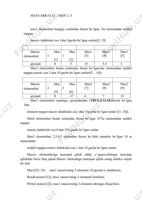 qilish uning indeksi orqali bo`ladi. mas1[5]:=10; mas1 massivining 5-elementi 10 qiymat o`zlashtirsin; readln(mas1[1]); mas1 massivining 1-elementi kiritilsin; writeln(mas1[2]); mas1 massivining 2-elementi ekranga chiqarilsin; misol1:elementlari butun sonlardan iborat bo`lgan, 10 elementdan tashkil topgan massiv elementlarini kirituvchi va ekranda teskari tartiblash talab qilinsin. program mas; var i: integer; mas1: array [1..10] of integer; {massivni e`lon qilish} begin writeln(`massiv elementlari kiriting`); for 1:=10 downto 1 do write(mas1[i],` `); readln; end. misol2: yuqorida keltirilgan misoldagi massiv elementlari yig`indisini chiqaruvchi programma tuzilsin. program massiv_sum; var t,s:integer; mas1: array [1...10] of integer; {massivni e’lon } begin writeln(massiv elementlarini kiriting`); for i:=1 to 10 do readln(mas1[i]); s:=s+mas1[1]; {boshlang`ich qiymat 0} for i:=1 to 10 do s:=s+mas1[i]; {massiv elementlari yig`indisi=`,s); readln; end. nazorat savollari: 1.qanday ma`lumot toifalarini bilasiz? 2.massiv nima? 3.bir o`lchamli massiv deb nimaga aytiladi? 4.massiv elementi nima? 5.massiv indeksi nima? 6.bir o`lchamli massiv qanday e`lon qilinadi?