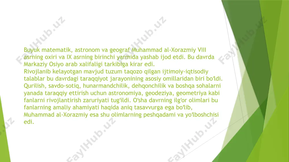 a asr avval ham rasadxonalar boʻlganligi va u yerda muttasil astronomik kuzatishlar olib borilganligidan guvohlik beradi. xorazmiyning bizgacha yetib kelgan asarlarini tahlil qilish shuni koʻrsatadiki, u yunon, hind va eron astronomiyasi va matematikasini yaxshi bilgan. maʼlumki, al-maʼmun 809 yildan marvda dastlab xalifa horun ar-rashidning noibi, soʻng 813 yildan boshlab xalifa boʻladi va 819 yili bagʻdodga koʻchadi. al-maʼmun marvda boʻlganida xorazmiyni, muvarounnahrlik va xurosonlik boshqa olimlarni oʻz saroyiga jalb qilgan. xalifa al-maʼmun davrida bagʻdodda markaziy osiyo va xurosondan kelgan bir guruh yirik olimlar ijod etgan. ular orasida xorazmiy bilan bir qatorda marvdan yahyo ibn abu mansur, al-fargʻoniy, habash al-marvaziy, xolid ibn abdumalik al-marvarrudiy, forobdan abul abbos al-javhariy va boshqa olimlar bor edi. bagʻdodda al-maʼmun otasi tomonidan asos solingan ilmiy markaz – “bayt ul-hikma” faoliyatini har tomonlama takomillashtirib, unga yirik davlat muassasasi tusini berib, avvaliga tarjimonlik faoliyatini keng koʻlamda rivojlantirdi. vizantiya, hindistondan koʻplab kitoblar keltirilib, “bayt ul-hikma”ning faoliyat doirasi birmuncha kengaytiriladi, uning …