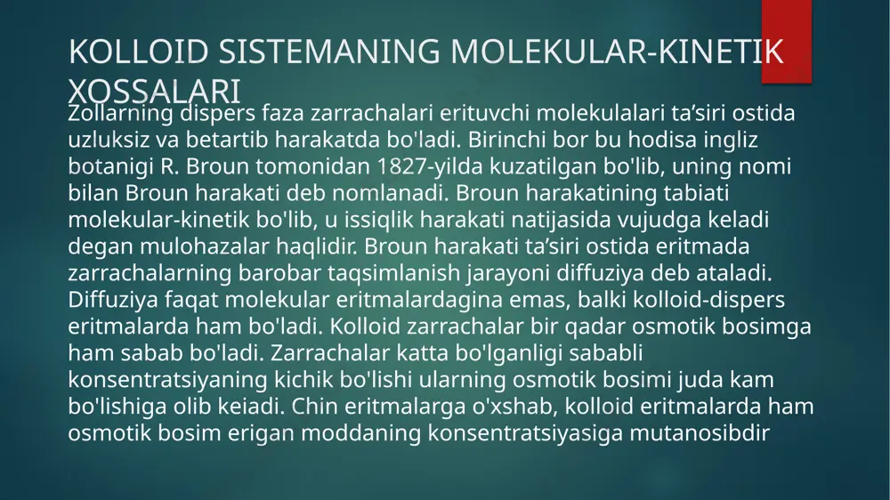 ko‘p bo‘lsa, diffuzion kavat shunchalik qattiq siqiladi, ζ-potensial shunchalik kichik bo‘ladi va koagullanish shunchalik tez boradi. elektrolitlarning koagullovchi ta’sir mexanizmi koagullovchi ionlar zaryadi qanchalik katta bo‘lsa, ular qapama-qarshi ionlarning diffuziya qavatini shunchalik kuchli siqadi. biroq, elektrolitlarning koagullovchi ta’siri faqat diffuziya qavatini siqishdan iborat bo‘lmay, balki shu bilan bir vaqtda kolloid zarrachaga qo‘shilgan elektrolitning granulalarga qarama-qarshi zaryadga ega bo‘lgan ionlarining tanlangan adsorbsiyasi sodir bo‘ladi. ionlar zaryadi qancha yuqori bo‘lsa, ular shunchalik intensiv adsorbsiyalanadi. adsorbsion qavatda zarrachaga qarama-qarshi zaryadlangan ionlarning to‘planishi ζ-potensialining va, demak, diffuziya qavatining tegishlicha kamayishi bilan davom etadi koagullanish tezligining o‘zgarishi. ko‘pgina zollarning o‘z-o‘zidan koagullanishi ko‘pincha sekin o‘tadi. uni zarrachalar harakati tezligini oshirib tezlashtirish mumkin, bu ularga itaruvchi kuchga bardosh berishga yordam beradi. zarrachalarning harakat tezligini, masalan, temperaturani ko‘tarish yo‘li bilan oshirish mumkin. zol konsentratsiyasini oshirish yo‘li bilan ham uning koagullanishini tezlashtirsa bo‘ladi, chunki konsentratsiyaning ko‘payishi bilan mitsellalar o‘rtasidagi to‘qnashuvlar soni ko‘payadi koagullanish nuqtalarining almashinishi qo‘shilgan ko‘p zaryadli ionlar …