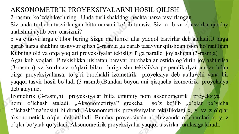 16-chizma) ko‘rinishi yoxud qo‘shimcha yoki mahalliy ko‘rinish kiritiladi (111, 113-chizma). shunda ham buyumning qismlarini aniqlash qiyin bo‘lsa, bosh ko‘rinishga nisbatan unga bog‘langan holda ustdan va chapdan ko‘rinishlari qo‘shib tasvirlanadi. buyumning o‘rta qismidagi prizmatik sirtning to‘rtala burchagi yumaloqlangan, silindrik teshiklar faqat ustdan ko‘rinishda aniqlanadi (117-chizma). buyumning ustdagi qismi o‘rtadagi prizmatik sirt bilan radius orqali ravon tutashtirilganligi va ostdagi qismi yarim silindr ekanligi faqat chapdan ko‘rinishda aniqlanadi. buyumning chizmalarida ko‘rinmaydigan qismlari shtrix chiziqlarida tasvirlanadi. 115–chizma 116–chizma 117 - chizma oddiyroq buyumlarda ko‘rinmaydigan qismlarini shtrix chiziqda tasvirlash xalaqit bermasa-da, murakkabroq buyumlarda ko‘rinmaydigan qismlarni shtrix chiziqlarda tasvirlash chizmalarni o‘qishni ancha qiyinlashtiradi, chalkashtiradi ham. chizmani o‘qishni osonlashtirish maqsadida, tasvirlarda qirqim va kesimlar qo‘llaniladi. uch o‘lchovli bo‘lgan mashina buyumlari, ikki yoki undan ko‘p (buyumning shaklidan kelib chiqib) ko‘rinishlar bilan tasvirlanishi mumkin. jismlarni proyeksiyalash bobida ko‘rib chiqilganidek, jismlarning proyeksiyalanishi turli ko‘rinishlarda berilishi mumkin.mashina buyumlari 118-chizmada ko‘rsatilgandek oddiy jismlarning qo‘shish yoki ayirish bilan yaratiladi. ayrilgan qismi: teshik, chuqurlik …