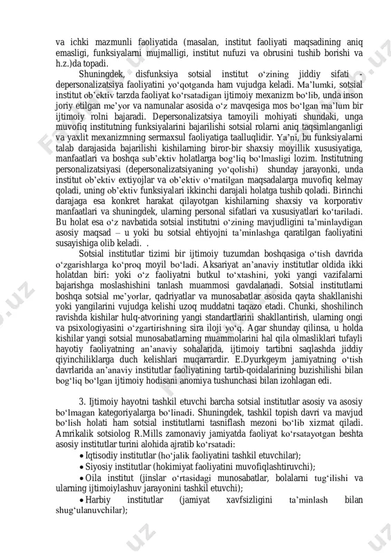 miyatning siyosiy tizimini tashkil etadi. siyosiy institutlar mafkuraviy qadriyatlarni takror ishlab chiqarish va ularni saqlanishini ta’minlaydi va jamiyatdagi mavjud ijtimoiy strukturaning barqarorligini saqlaydi; - ijtimoiy-madaniy va tarbiya institutlari. madaniy va ijtimoiy qadriyatlarni o‘zlashtirish va takror ishlab chiqarish bilan mashg‘ul bo‘lib, kishilarning ijtimoiyilashuv jarayonini amalga oshirishga asos bo‘ladi; demak, sotsial institutlar ijtimoiy hayotda ma’lum bir funksiyani bajarar ekan, bu funksiyalar asosan ikkita: oshkora va yashirin (latent) shaklga egadir. ushbu muammo tahlili xx asrning taniqli olimi amerikalik sotsiolog r.merton tomonidan struktur-funksional metodologiya asosida olib borilgan. uning fikricha, oshkor bu sotsial jarayonlarning anglangan va erkin, yashirini esa aksincha, anglanmagan va bexosdan amalga oshgan funksiyadir. oshkor funksiya deganda shuni tushuniladiki, uning faoliyatini natijalari maqsadli xususiyatga ega va bu natijalar kishilar tomonidan anglangan holatda bo‘ladi. odatda u rasmiy ravishda namoyon bo‘ladi va jamiyat tomonidan nazoratda bo‘ladi. agarda institut o‘zining oshkor funksiyalarini uddalay olmayotgan bo‘lsa, unda uni tartibsizliklar va keskin o‘zgarishlar kutadi. yashirin (latent) funksiya deb …