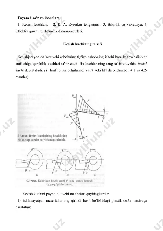 mumkin, zaruriyati bo'lmagan vibratsiyalar paydo bo'ladi; bu kuch stanok ko'ndalang surish mexanizmining mustah-kamligini aniqlashda hisobga olinadi. p- "kesish kuchi" (p kuchining bosh yoki vertikai yoxud tan-gensial tashkil etuvchisi). pz kuchi z o'qi bo'ylab yo'nalgan barcha kuchlar-qirindi hosil bo'lishidagi kesilayotgan qatlamning plastik deformatsiyaga qarshilik kuchlari, yangi yuzalar hosil bo'lishidagi metallning buzilishi hamda kesilayotgan qirindining egilishi bilan bog'liq bo'lgan kuchlar, shuningdek, ishqalanish kuchlarining yig'indisidan iborat. bu kuch bo'yicha stanokning quwatini, kesish-dagi ish miqdorini va keskichning yz tekisligida egilishga qarshiligini hisoblab topiladi. kesishga qarshilik ko'rsatuvchi barcha kuchlarning teng ta'sir etuv​chisi quyidagicha aniqlanadi: px, py, pz kuchlarining qiymatlari va ular orasidagi o'zaro muno-sabatga keskichning geometrik parametrlari, kesish rejimining xarak-teristikasi, materiallarning xossalari va ishlov berish sharoiti ta'sir ko'rsatadi. odatda eng katta qiymatga p_ kuchi ega bo'lib, ko'pincha uni kesish kuchi deb ataladi va pharfi bilan belgilanadi. kesish kuchlarining tashkil etuvchilari uchun o'rtacha quyidagi munosabatni qabul qilish mumkin: p:p:p=l:0,45:0,35. kesish kuchining nazariy tenglamasi metallarni kesish nazariyasining …