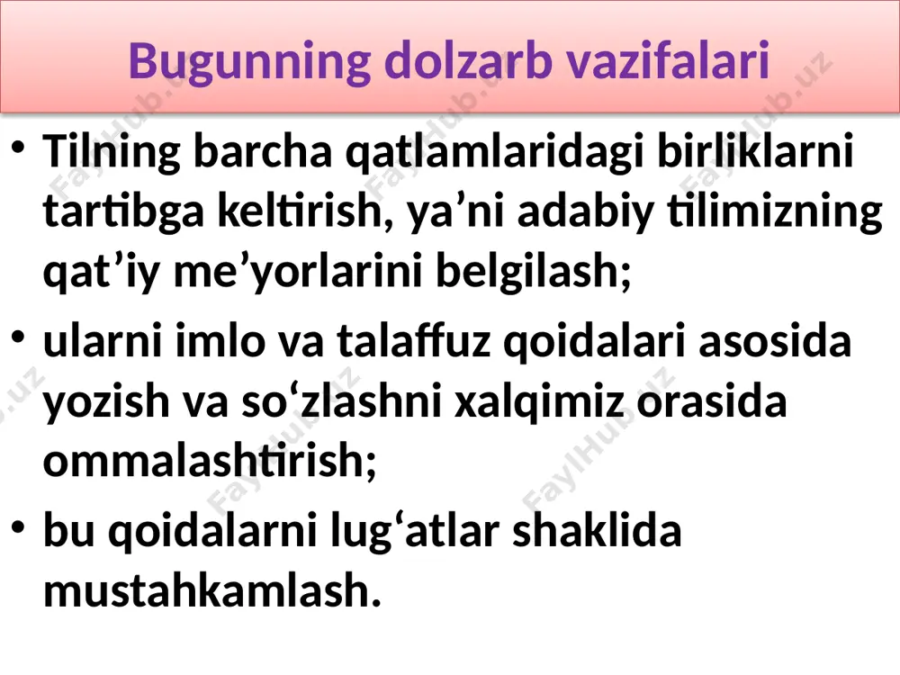 so‘z va gaplarda urg‘uni to‘g‘ri qo‘llash me`yori tushuniladi: traktor, fizika, matematika, direktor, printer, komyuter, … urg‘uni to‘g‘ri ishlatmaslik so‘z ma`nosiga ta`sir qiladi: olma-meva, olma-buyruq fe`li. suzma, akademik, fizik, … 5. grammatik me`yor turlovchi va tuslovchi shakllarning eng maqbul variantlari hozirgi tilimizda tanlab olingan va ular nutqda barqaror shaklda ishlatiladi. ammo kelishik qo‘shimchalarini noto‘g‘ri qo‘llash uchraydi. ba`zan -ning o‘rnida -ni, -lar o‘rnida -la ishlatiladi. direktorni xonasida ko‘rdim. (direktorni o‘z xonasida ko‘rmoq). direktorning xonasida ko‘rdim. (boshqa birovni direktor xonasida ko‘rmoq). esda saqlang! so'z shakllari, qo'shimchalar, so'z birikmalarining yozilishi, gapda so'zlarning tartiblanishi, moslashuvi grammatik me'yorga asoslanadi. nutqning grammatik jihatdan to'g'ri bo'lishi adabiy tilning asosiy talabidir. gapda so'z va qo'shimchalarning to'g'ri bog'lanishi, ega-kesim mosligi, gap bo'laklarining tartibi grammatika qoidalari asosida shakllanadi. shuning uchun gap tuzishda, jumla qurishda quyidagilarga amal qilish lozim: kelishik qo'shimchalarining ma'no va vazifalarini farqlash hamda o'rinli qo'llash. masalan, -ning qo'shimchasi ot bilan otni, -ni esa ot bilan fe'lni o'zaro bog'laydi: ukamning …
