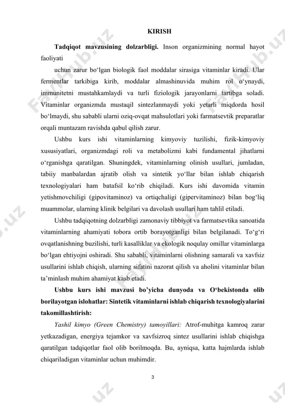 yaratish orqali tabiiy manbalarning samaradorligini oshirish. vitamin preparatlarining sifatini nazorat qilish va standartlashtirish: qattiqroq regulativ talablar: turli mamlakatlarda vitamin preparatlarining sifati, xavfsizligi va samaradorligiga qo‘yiladigan talablar kuchaytirilmoqda. bu, ayniqsa, soxta mahsulotlarning oldini olish uchun muhimdir. zamonaviy analitik usullar: yuqori samarali suyuqlik xromatografiyasi (hplc), gaz xromatografiyasi-mass-spektrometriya (gc-ms) kabi ilg‘or tahlil usullarini qo‘llash orqali vitaminlarning miqdorini va sifatini aniqroq nazorat qilish. farmakopeya standartlarini harmonizatsiya qilish: turli xalqaro farmakopeyalar o‘rtasida standartlarni yaqinlashtirish orqali global savdoni osonlashtirish va bemorlar uchun sifatli mahsulotlarni ta’minlash. aholining vitaminlarga bo‘lgan ehtiyojini qondirish bo‘yicha islohotlar: fortifikatsiya dasturlari: oziq-ovqat mahsulotlarini (masalan, un, tuz, yog‘) muhim vitaminlar va minerallar bilan boyitish orqali aholi o‘rtasida mikroelementlar yetishmovchiligini kamaytirishga qaratilgan milliy dasturlar. ta’lim va xabardorlikni oshirish: aholini to‘g‘ri ovqatlanish, vitaminlarning ahamiyati va ularni qabul qilish qoidalari haqida ma’lumot berish bo‘yicha kampaniyalar. individual ehtiyojlarga moslashtirilgan vitamin terapiyasi: genetik testlar va boshqa diagnostik usullar asosida har bir insonning individual vitaminlarga bo‘lgan ehtiyojini aniqlash va shunga …