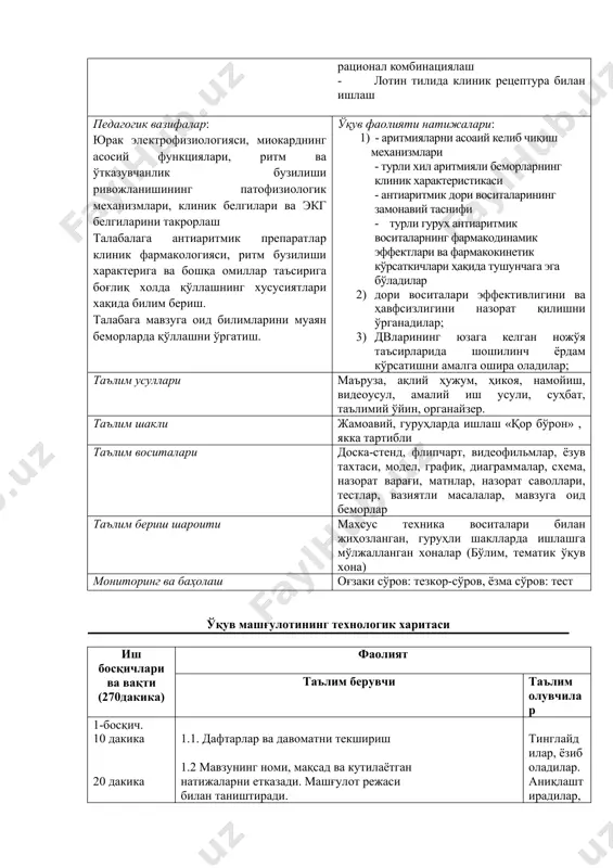 тлар клиник фармакологияси, ритм бузилиши характерига ва бошқа омиллар таъсирига боғлиқ холда қўллашнинг хусусиятлари хақида билим бериш. талабага мавзуга оид билимларини муаян беморларда қўллашни ўргатиш. ўқув фаолияти натижалари: 1) - аритмияларни асоаий келиб чиқиш механизмлари - турли хил аритмияли беморларнинг клиник характеристикаси - антиаритмик дори воситаларининг замонавий таснифи - турли гурух антиаритмик воситаларнинг фармакодинамик эффектлари ва фармакокинетик кўрсаткичлари ҳақида тушунчага эга бўладилар 2) дори воситалари эффективлигини ва ҳавфсизлигини назорат қилишни ўрганадилар; 3) двларининг юзага келган ножўя таъсирларида шошилинч ёрдам кўрсатишни амалга ошира оладилар; таълим усуллари маъруза, ақлий ҳужум, ҳикоя, намойиш, видеоусул, амалий иш усули, суҳбат, таълимий ўйин, органайзер. таълим шакли жамоавий, гуруҳларда ишлаш «қор бўрон» , якка тартибли таълим воситалари доска-стенд, флипчарт, видеофильмлар, ёзув тахтаси, модел, график, диаграммaлар, схема, назорат варағи, матнлар, назорат саволлари, тестлар, вазиятли масалалар, мавзуга оид беморлар таълим бериш шароити махсус техника воситалари билан жиҳозланган, гуруҳли шаклларда ишлашга мўлжалланган хоналар (бўлим, тематик ўқув хона) мониторинг ва баҳолаш …