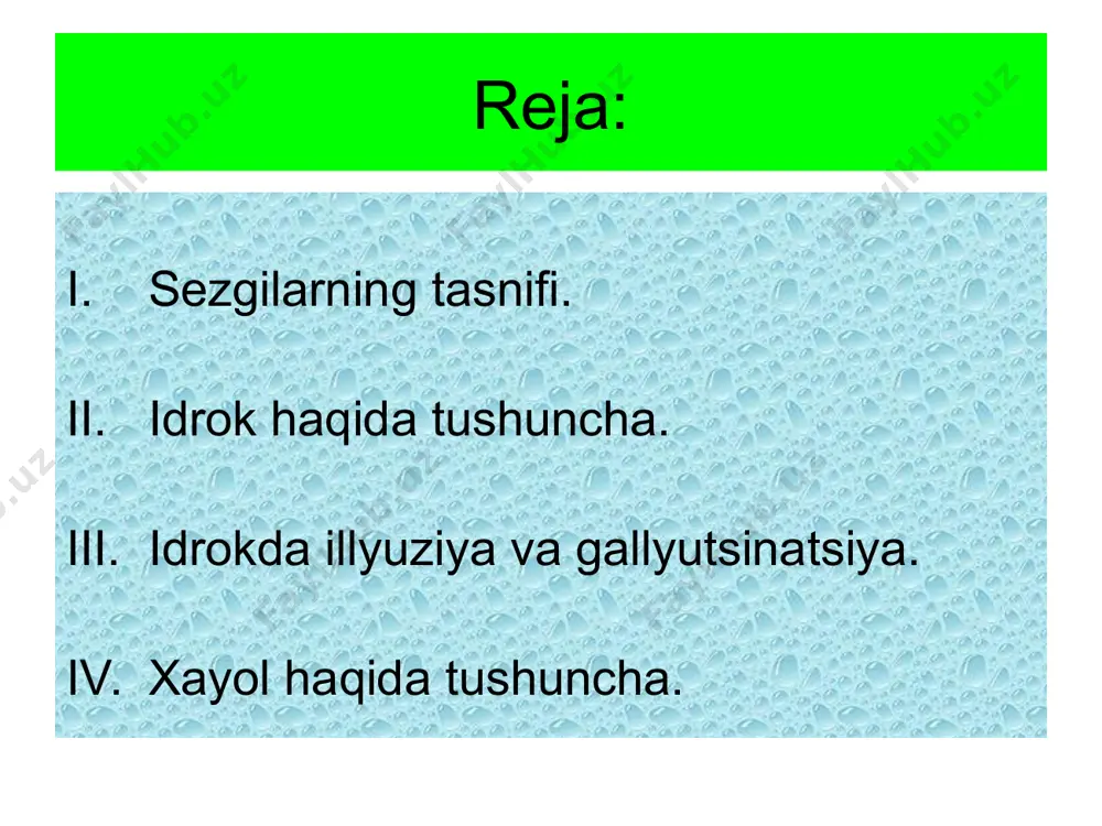 обланиб ва афферент асосини ташкил қилади. сезгининг қуйидаги турлари мавжуд: кўриш сезгилари; эшитиш сезгилари; ҳид билиш сезгилари; таъм билиш сезгилари; тери сезгилари; мускул –ҳаракат (кинестетик); статистик сезгилари; органик сезгилари; билиш (аклий интеллектуал) жараёнлар с е з г и и д р о к х о т и р а х а ё л т а ф а к к у р psixolog.uz psixolog.uz cheksizlik идрок сезги аъзоларимизга таъсир қилиб турган нарсаларнинг онгда яхлит ҳолича акс этишидир. биз нарса ва ҳодисаларни яхлит ҳолича идрок қиламиз, нарсаларнинг айрим хоссаларини эса сезамиз. масалан, қуёшни биз идрок қиламиз, унинг ёруғини эса сезамиз. аммо хосса ва нарса бир-биридан ажралмасдир, шу сабабли нарсаларни идрок қилиш ҳам сезгилардан ажралган ҳолда воқе бўлиши мумкин эмас. psixolog.uz psixolog.uz идрок-деб сезги аъзоларига бевосита таъсир этиб турган нарса-ҳодисалар образларини киши онгида бир бутун ҳолда акс эттирилишига айтилади. aппeрцeпция – идрoк жaрaёнини шaxснинг oлдинги билимлaри, шaxсий вa ижтимoий тaжрибaлaри, қизиқишлaри, мoтивaцияси, эҳтиёжлaри …