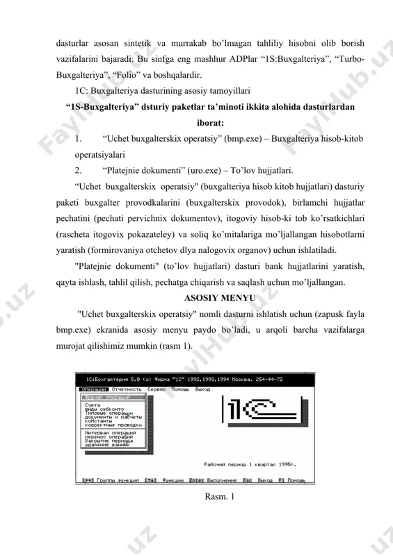 sh masofasi 9. perenos operatsiy – operatsiyalarni ko’chirish 10.zakritie - yopish pastki gorizontal bo’yicha «gruppi funktsiy» - vazifa guruxlari, «funktsii»- vazifalar, «vipolnenie»- barajish, «vixod»- chiqish, «pomoshch»-yordam menyulari joylashgan. menyularni tanlash uchun o’uydagilarni amalga oshirish kerak: -“gruppi operatsiy» menyusi uchun klavishlaridan foydalanish mumkin. asosiy menyuga qaytish esc klavishasi orqali amalga oshiriladi. ro’yxat bilan ishlash bu dasturda asosiy ishchi rejim ro’yxatlarni qirgizish (bajariladigan vazifalar, hisob-kitob raqamlari, ishchi xodimlar ro’yxati, oylik maosh va x.k.). barcha ro’yxatlar umumiy tamoyillar bo’ycha ko’rib chiqiladi va to’g’irlanadi. ro’yxatga yangi zapis kiritish uchun klaviaturadagi ins klavishasi yordamida amalga oshiriladi. ro’yxatga kirtishni tugatish uchun enter klavishasi bo’siladi. agarda ro’yxatga kiritishni bekor qilmoqchi bo’lsak esc klavishasidan foydalanish mumkin. kiritilgan ro’yxatdagi zapisni o’zgartirish uchun “kursor”ni “kolonka” grafasiga ko’yib kerakli zapisni yozishib enter klavishasini bosish lozim. bundan keyingina ro’yxatdagi zapis korrektirovka qilingan holda o’ziga mo’ljallangan joyini egallaydi. ro’yxatdagi zapisni o’chirib tashlash uchun del klavishasidan foydalanishimiz mumkin. bu holatda quyidagi: udalit - enter, …