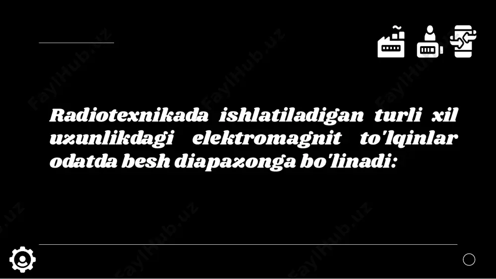 lgan antennalar yaratilishi mumkin. qisqa to'lqinlar er usti va ionosferani ham tarqatishi mumkin. ultrashort to'lqinlari to'lqin metriga (10-1 m), dekimetrga (1 m-10 sm), santimetrga (10-1 sm) va millimetrga (1 sm dan kam) bo'linadi. 10 metrdan kam ultra qisqa to'lqinlar gyuygens to'lqinlar nazariyasiga ko'ra, yorug'lik butun bo'shliqni to'ldiradigan maxsus muhitdagi elastik uzunlamasına to'lqinlardir - nurli efir. ushbu to'lqinlarning tarqalishi printsip bilan tavsiflanadi . e’tiboringiz uchun raxmat ! image2.jpg image3.png image4.jpg image5.jpg image6.jpg image1.jpg image7.png image8.jpg image9.jpeg