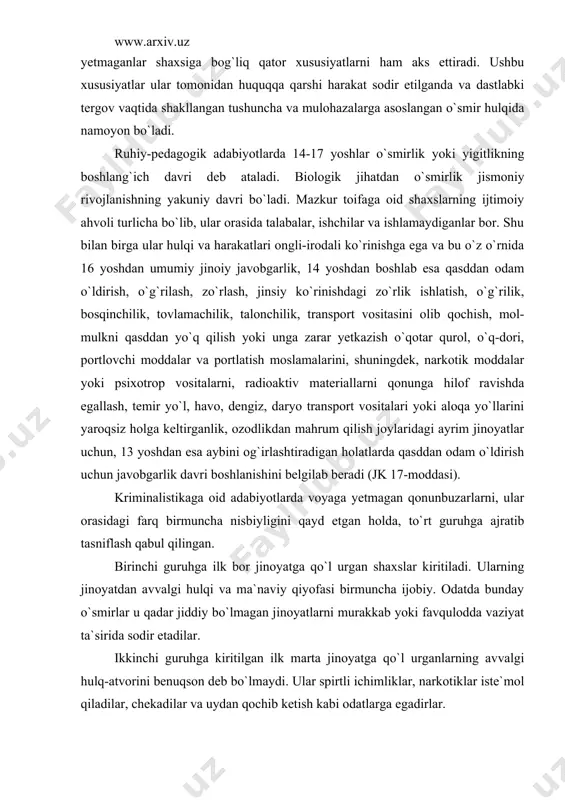 lingan. birinchi guruhga ilk bor jinoyatga qo`l urgan shaxslar kiritiladi. ularning jinoyatdan avvalgi hulqi va ma`naviy qiyofasi birmuncha ijobiy. odatda bunday o`smirlar u qadar jiddiy bo`lmagan jinoyatlarni murakkab yoki favqulodda vaziyat ta`sirida sodir etadilar. ikkinchi guruhga kiritilgan ilk marta jinoyatga qo`l urganlarning avvalgi hulq-atvorini benuqson deb bo`lmaydi. ular spirtli ichimliklar, narkotiklar iste`mol qiladilar, chekadilar va uydan qochib ketish kabi odatlarga egadirlar. uchinchi guruh - ma`naviy qarashlari buzuq o`smirlar. ular avval ham turli qonunbuzarliklar sodir etib, ma`muriy jazoga tortilgan, maxsus maktab va kasb-hunar bilim yurtlaridan yo`llanganlardir. jinoyatning sababi va maqsadi ularda ongli ravishda, katta yoshli shaxs yoki o`ziga nisbatan buzuq tengdoshining ta`sirida shakllanadi. mushtlashishlarda qatnashish, bezorilik, ojizroqlarni tunash kabi ko`pgina jinoyatlarni ular dabdurustdan sodir etishadi. ma`naviy buzuqligi bilan jamiyatga jiddiy xavf tug`dirib, hulq-atvori har qanday me`yorlardan butkul chiqib ketgan shaxslar to`rtinchi guruhga kiritiladi. bu toifaga muqaddam sudlanganlar (shartli hukm qilingan, muddatidan avval ozod qilingan va h.) ham kiradi. odatda, bular ishlash …