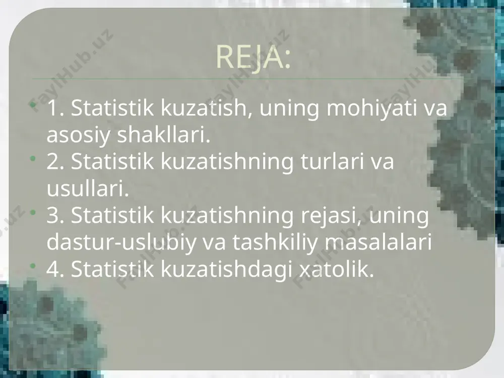atistik kuzatishda amalga oshiriladigan ishlarning quyidagi uch bosqichi farq qilinadi: · kuzatishga tayyorgarlik; · ma’lumotlarni bevosita yig‘ish (to’plash); ·to‘plangan ma’lumotlarni tekshirish. kuzatishga tayyorgarlik kuzatish dasturini ishlab chiqarishdan iborat bo‘lib, u kuzatish maqsadi va vazifalari, hamda tashkiliy rejasiga bog‘liqdir. ma’lumotlar mazmuni, ularni olish usuli, qanday qilib tashkil qilinishi va ma’lumotlarni tekshirilishi bilan bog‘liq bo‘lgan masalalar hal etilishi lozim. statistik kuzatish to‘plangan ma’lumotlarni keyinchalik qayta ishlash bilan bog‘liq bo‘lgan masalalarni ham hal etishi lozim. statistik kuzatish bir kator belgilariga qarab, jumladan to’plam elementlari qamrovi, vaqt omili, ma’lumot manbalari va ma’lumotlarni to’plash usullariga ko’ra tasniflanadi statistik kuzatish tuplam birliklarini qamrab olish darajasiga qarab ikki turga bo‘linadi: yalpi (to‘liq) kuzatish qisman kuzatish statistik kuzatish qisman kuzatishda esa o‘rganilayotgan to‘plamni faqat bir qismi qamrab olinadi. qisman kuzatish o‘z navbatida tanlab kuzatishga, asosiy massivni kuzatishga va monografik kuzatishga bo‘linadi. tanlab kuzatish deb, tasodifiy usulda ajratilgan tuplam birliklarinining qismini kuzatishga aytilad статистик тадқиқот шакллари статистик кузатишни ўтказиш …