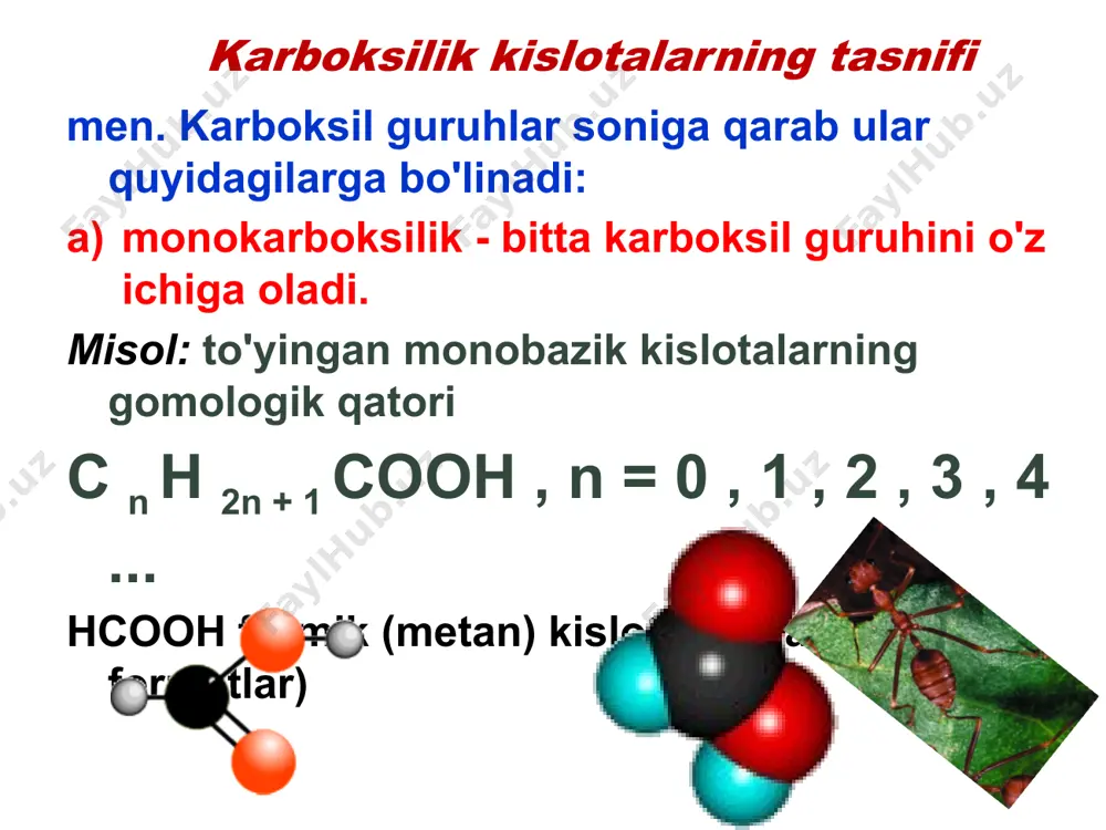 uglerod ustida ch 2 ga kamayishi dekarboksillanish a-h reaksiyalari kimyoviy xossalari men. dissotsilanish reaktsiyalari (" oh " kislota markazida): p - p konjugatsiyasi tufayli atsilat ionidagi manfiy zaryad ikkita kislorod atomi o'rtasida delokalizatsiya qilinadi: kimyoviy xossalari k = 2,14·10 -4 k = 1,75·10 -5 kimyoviy xossalari kimyoviy xossalari ii . tuzlarning hosil bo'lishi: a) faol metallar bilan: 2 ch 3 cooh + mg → (ch 3 coo) 2 mg + h 2 b) asosiy oksidlar bilan: 2 ch 3 cooh + cao → (ch 3 coo) 2 ca + h 2 o c) ishqorlar bilan (neytrallanish reaksiyasi): ch 3 cooh + naoh → ch 3 coona + h 2 o d) kuchsiz kislotalar tuzlari bilan: ch 3 cooh + nahco 3 → ch 3 coona + co 2 ↑+ h 2 o 2 ch 3 cooh + na 2 co 3 → 2 ch 3 coona + co 2 ↑+ …