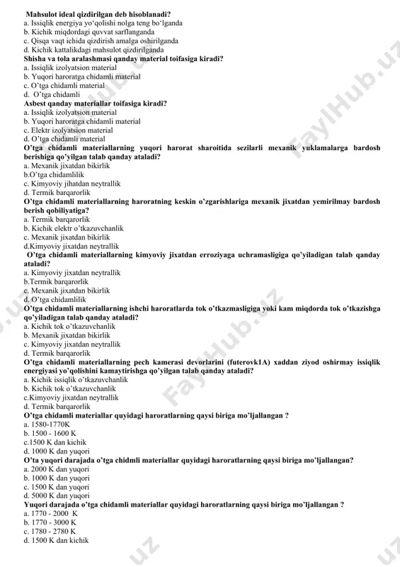 chanlik, qizish, isish c. issiklik o’tkazuvchanlik, erish, payvandlash d. issiklik o’tkazuvchanlik,konvektsiya, bug’lanish spektrning ko‘rinar va ko‘rinmas qismlarida issiqlik uzatish usuli qanday ataladi? a. nurli issiqlik almashuv usuli b. konveksiya usuli c. issiqlik o‘tkazuvchanlik d. mexanik usul gaz va suyukliklarda issiqlik uzatish usuli qanday ataladi? a. konveksiya usuli b. nurli issiqlik almashuv usuli c. issiqlik o‘tkazuvchanlik d. mexanik usul qattiq jismlarda issiqlik almashuv usuli qanday ataladi? a. issiqlik o’tkazuvchanlik b. konveksiya usuli c. issiqlik o‘tkazuvchanlik d. kombinatsion usul stefan-bolsman qonuniga bo’ysunidigan issiqlik uzatish usuli qanday ataladi? a. nurli issiqlik almashuv usuli b. konveksiya usuli c. issiqlik o‘tkazuvchanlik d. mexanik usul mahsulot ideal qizdirilgan deb hisoblanadi? a. issiqlik energiya yo‘qolishi nolga teng bo‘lganda b. kichik miqdordagi quvvat sarflanganda c. qisqa vaqt ichida qizdirish amalga oshirilganda d. kichik kattalikdagi mahsulot qizdirilganda shisha va tola aralashmasi qanday material toifasiga kiradi? a. issiqlik izolyatsion material b. yuqori haroratga chidamli material c. o’tga chidamli material d. …