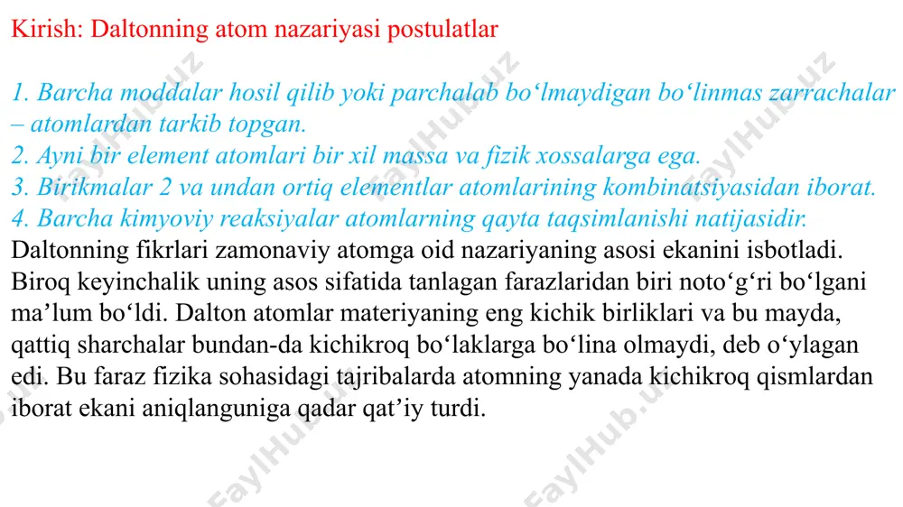 jud boʻlishi kerak, har bir zarrachaning massasi vodorod atomining faqat 1/2000 qismini tashkil etadi. bu subatom zarrachalarni barcha elementlarning atomlari ichidan topish mumkin. dastlabki munozarali vaziyatdan keyin tomsonning kashfiyotlari asta-sekin olimlar tomonidan qabul qilindi. natijada uning katod nuri zarrachalariga taniqli nom berildi: elektronlar. elektronning kashf etilishi daltonning atomga oid nazariyasidagi "atomlar – boʻlinmas" deyilgan qism notoʻgʻriligini isbotladi. elektronlar mavjudligi hisobga olingani tufayli endi butunlay yangi atom modeliga ehtiyoj tugʻildi. nazorat savoli: nega tomson elektronlarni barcha elementlar atomlari ichidan topish mumkin, deb xulosa qildi? katod nurli trubka bilan olib borilgan tajribalarning bir qismi sifatida, tomson zarrachalarning manbai boʻlgan katod materialini oʻzgartirish bilan urinib koʻrdi. katod materiali turli metallarga almashtirilganda ham bir xil zarrachalar ajralib chiqaverdi, bundan tomson, bu zarrachalar barcha atomlarning asosiy qismini tashkil etadi, degan xulosaga keldi. olxoʻrili desert modeli tomson atomlarning umumiy neytral zaryadga ega ekanini bilardi. shuning uchun u atom ichida elektronlardagi manfiy zaryadni muvozanatlashtirib turuvchi musbat zaryadning …