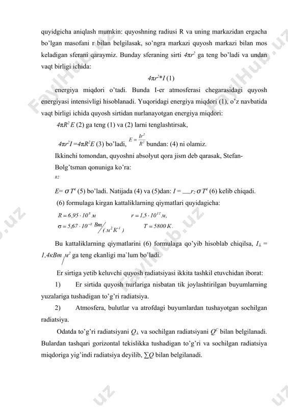 rlar hisoblanadi. ul’trabinafsha nurlarning er energetika balansiga bo’lgan hissasi 7% dan oshmaydi. ul’trabinafsha nurlari insonlar terisini qoraytiradi, ammo uzoq ta’sir etganda yallig’lantirishi ham mumkin. ul’trabinafsha nurlari quyosh radiatsiyasi spektrida 7% ni tashkil etishiga qaramasdan, o’simlik va hayvonlar hayotida ahamiyati kattadir. ikkinchi qismi - to’lqin uzunligi 380 dan 780 nm gacha bo’lgan nurlardan iborat bo’lib, spektrning ko’rinadigan qismini tashkil etadi. spektrning ko’rinuvchi qismi, energetika balansiga 46% hissa qo’shadi. spektrning ko’rinuvchi qismida, energiyaning to’lqin uzunligi bo’yicha taqsimlanishi bir xil bo’lmasdan, uning maksimumi taxminan 550 nm to’lqin uzunligiga to’g’ri keladi. bu nurlar hayot uchun katta ahamiyatga ega. uchinchi qismi - to’lqin uzunligi 780 dan 3400 nm gacha bo’lgan nurlardan iborat bo’lib, spektrning infraqizil qismini tashkil etadi, infraqizil nurlar energetika balansining 47% ini tashkil etadi. bu erda shuni ta`kidlab o’tish kerakki, quyoshning tushish burchagiga qarab, erga tushayotgan quyosh radiatsiyasi spektrining ul’trabinafsha, infraqizil va ko’rinuvchan qismlarining miqdori o’zgarib turadi. masalan, quyosh balandligi 300 bo’lganda spektrda …