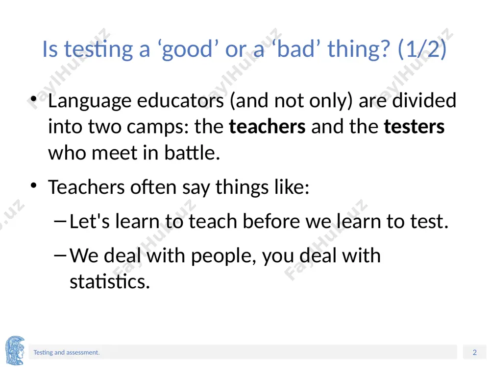 mation about students' responses to an educational task in order to provide the next learning step. ‹#› testing and assessment. is assessment synonymous with testing? (2/2) assessment is primarily concerned with providing teachers and/or students with feedback information. in language teaching, it is a local or global procedure though which one can appraise one or more aspects of language proficiency. assessment is transparent when clear assessment criteria have been predetermined. ‹#› testing and assessment. is there one form of assessment? there are different forms of assessment, including: formative assessment. summative assessment. self-assessment. peer assessment. ‹#› testing and assessment. the most common forms of assessment? (1/3) continuous assessment refers to the activities required by students during the conduct of a course. it takes place within the normal teaching period and contributes to the final assessment. ‹#› testing and assessment. the most common forms of assessment? (2/3) formative assessment refers to observations …