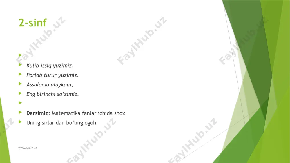 kolik fazilati bola ziynati lochin guruhi: ziyrak lochin qoqilmas qoqilsa ham yiqilmas www.arxiv.uz yodingizda tuting: bir son ikkinchi sondan necha marta kam ekanini bilish uchun katta soni kichik songa bo’lish kerak. www.arxiv.uz www.arxiv.uz 2-masala. www.arxiv.uz 3-misol www.arxiv.uz 4. misol. tenglamalarni yeching. www.arxiv.uz uyga vazifa 5-masala bor edi keltirildi bo’ldi ustaxona asboblari – 36 ta qo’l arra – 27 ta randa – 27 ta ? ta 6-misol. 5 . 9 – 4 . 8 = 45 - 32 = ? www.arxiv.uz e’tiboringiz uchun rahmat www.arxiv.uz image1.jpeg image2.jpeg image3.jpeg image4.tmp image5.tmp image6.tmp image7.tmp image8.tmp