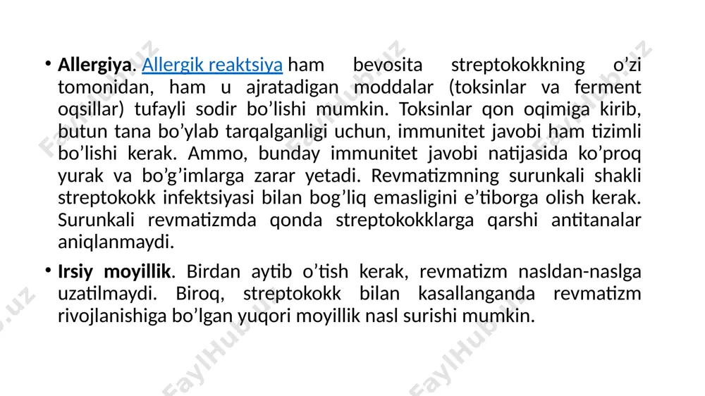 yon bo’ladi. kasallikning teri shakli revmatizmga chalingan bemorlar umumiy sonining 5 foizidan oshmaydi. revmatizmning oftalmologik shakli. kasallikning bu shakli faqat revmatizmning klassik alomatari bilan birgalikda aniqlanadi. odatda, oftalmologik shakli ko’zning to’r pardasiga ta’sir qiladi. revmatizmning oftalmologik shakli qisman yoki to’liq ko’rlikka olib kelishi mumkin. revmatizm alomatlari: kasallik qanday namoyon bo’ladi revmatizm — yakka kasallik emas. ko’pincha u boshqa patologiyalar bilan «qo’shnilik» qiladi, chunki streptokokklar ajratadigan zararli moddalar va immunitet antitanalari ko’plab a’zolarga va tizimlarga zarar yetkazadi va bunday namoyon bo’lishlarning hammasi revmatizm shakllari deb hisoblanishi mumkin. revmatizmning birinchi alomatlari kasallikni aniqlash imkonini bermaydi. ular streptokokk shikastlanishli boshdan o’tkazilgan yuqori nafas yo’llarining infektsiyasidan (faringit, laringit, tonzillit) 2-3 hafta o’tib namoyon bo’ladi. tasvir shamollashning qaytalanishi kabi ko’rinadi. o’tkir revmatizmning alomatlari tana haroratining ba’zan 40 darajaga qadar ko’tarilishi, pulsning tezlashuvi, varaja, ko’p terlash, kuchsizlik, bo’g’imlarning shishganligi va og’rishi kabi namoyon bo’ladi. dastavval eng katta va eng faol ishlatiladigan bo’g’imlarga zarar yetadi. revmatizmning umumiy …