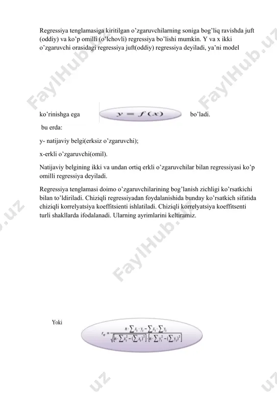 ’zgaruvchi orasidagi regressiya juft(oddiy) regressiya deyiladi, ya’ni model ko’rinishga ega bo’ladi. bu erda: y- natijaviy belgi(erksiz o’zgaruvchi); x-erkli o’zgaruvchi(omil). natijaviy belgining ikki va undan ortiq erkli o’zgaruvchilar bilan regressiyasi ko’p omilli regressiya deyiladi. regressiya tenglamasi doimo o’zgaruvchilarining bog’lanish zichligi ko’rsatkichi bilan to’ldiriladi. chiziqli regressiyadan foydalanishida bunday ko’rsatkich sifatida chiziqli korrelyatsiya koeffitsienti ishlatiladi. chiziqli korrelyatsiya koeffitsenti turli shakllarda ifodalanadi. ularning ayrimlarini keltiramiz. chiziqli korrelyatsiya koeffitsientining qiymati [-1,1] orlig’ida yotadi, ya’ni -1 0bo’lsa, u holda 0<rxy<1bo’ladi, ya’ni bog’lanish to’g’ri bog’lanish bo’ladi, aks holda b<0bo’lganda -1<rxy< 0bo’lib, bog’lanish teskari bo’ladi. 3-savol. bir turdagi mahsulot ishlab chiqarish korxonalar guruhi bo'yicha quyidagi ma'lumotlar berilgan: korxona raqami 1 2 3 4 5 6 7 jami ishlab chiqargan mahsulot hajmi ming. bir 1 2 4 3 5 3 4 22 ishlab chiqarishga harajatlar mln.so'm 30 70 150 100 170 100 150 770 bu ma'lumotlar asosida quyidagilarni aniqlang: 1) darajali funktsiya ko'rinishidagi regressiya tenglamasi parametrlari, korrelyasiya indeksini. 2) …