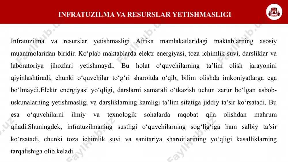 xnologiyalarga kirishdagi tafovut bu imkoniyatlarni cheklaydi. ijobiy tashabbuslar va islohotlar namibiya 2026 yildan boshlab davlat universitetlarida bepul ta’lim joriy etishni rejalashtirmoqda. ushbu ijobiy tashabbus, yoshlar uchun ta’lim imkoniyatlarini kengaytirish va ularni iqtisodiy to‘siqlardan himoya qilishga qaratilgan. bepul ta’limning joriy etilishi, ta’lim olishni moliyaviy jihatdan qiyinlashtiradigan oilalar uchun katta imkoniyat yaratadi, bu esa jamiyatning iqtisodiy va ijtimoiy rivojlanishiga hissa qo‘shadi.ta’lim olishdagi to‘siqlarni bartaraf etish orqali, ko‘plab yoshlar o‘z bilim va ko‘nikmalarini rivojlantirish, kasbiy malakalarini oshirish va kelajakda yaxshi ish topish imkoniyatiga ega bo‘ladi. bu tashabbus, mamlakatning raqobatbardoshligini oshirishga va ta’lim tizimining sifatini yaxshilashga yordam beradi.bepul ta’lim, shuningdek, jamiyatdagi tengsizlikni kamaytirishga, yoshlarning har biriga o‘z potensialini amalga oshirish imkoniyatini berishga xizmat qiladi. image2.jpeg image3.png image4.png image5.png image6.png image7.png image8.png image9.png image1.jpeg untitled-1 untitled-1